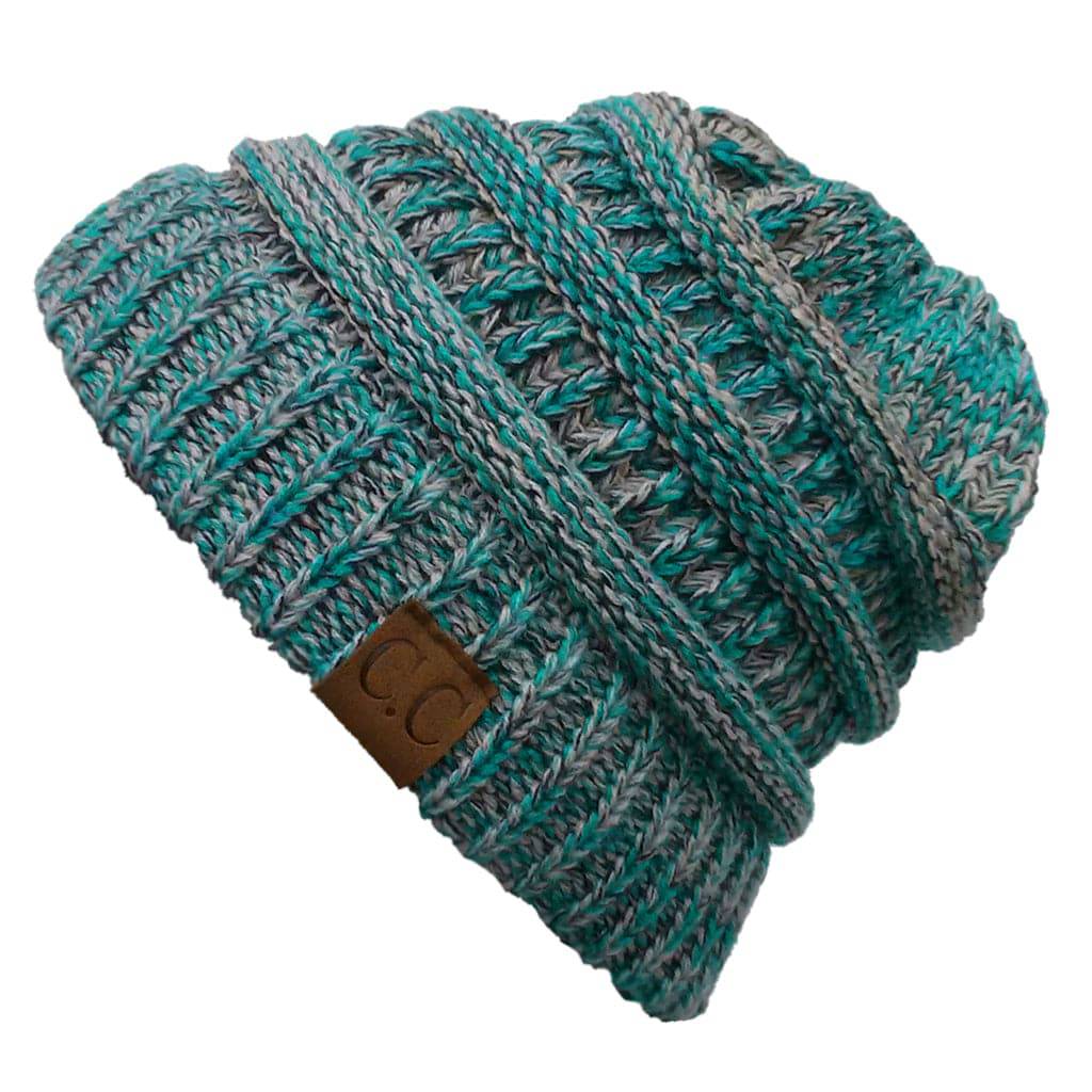CC Crafted Multi-Color Beanies for kids and adults featuring a trendy four-tone crochet pattern, made from soft acrylic material.