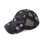 CC Destroyed Denim Messy Bun Pony Cap featuring distressed denim design, adjustable Velcro strap, and ponytail access, suitable for women, teens, and kids.