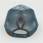 CC Destroyed Denim Messy Bun Pony Cap featuring distressed denim design, adjustable Velcro strap, and ponytail access, suitable for women, teens, and kids.