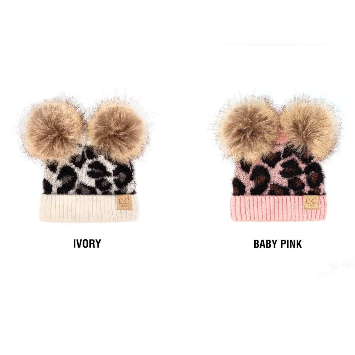 CC Double Pom Baby & Kids Leopard Beanie with fluffy faux fur poms and stylish leopard print design, perfect for keeping kids warm.