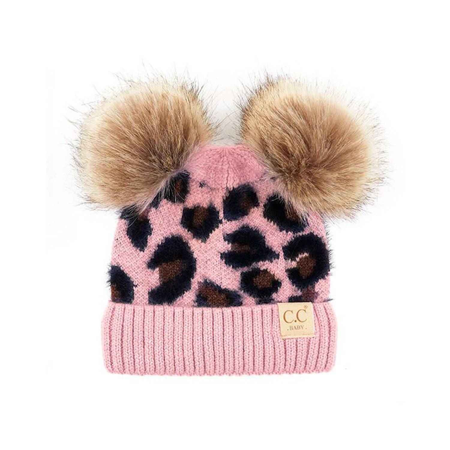 CC Double Pom Baby & Kids Leopard Beanie with fluffy faux fur poms and stylish leopard print design, perfect for keeping kids warm.