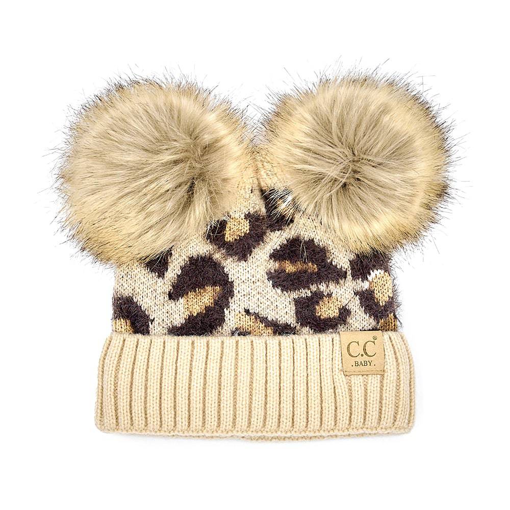CC Double Pom Baby & Kids Leopard Beanie with fluffy faux fur poms and stylish leopard print design, perfect for keeping kids warm.