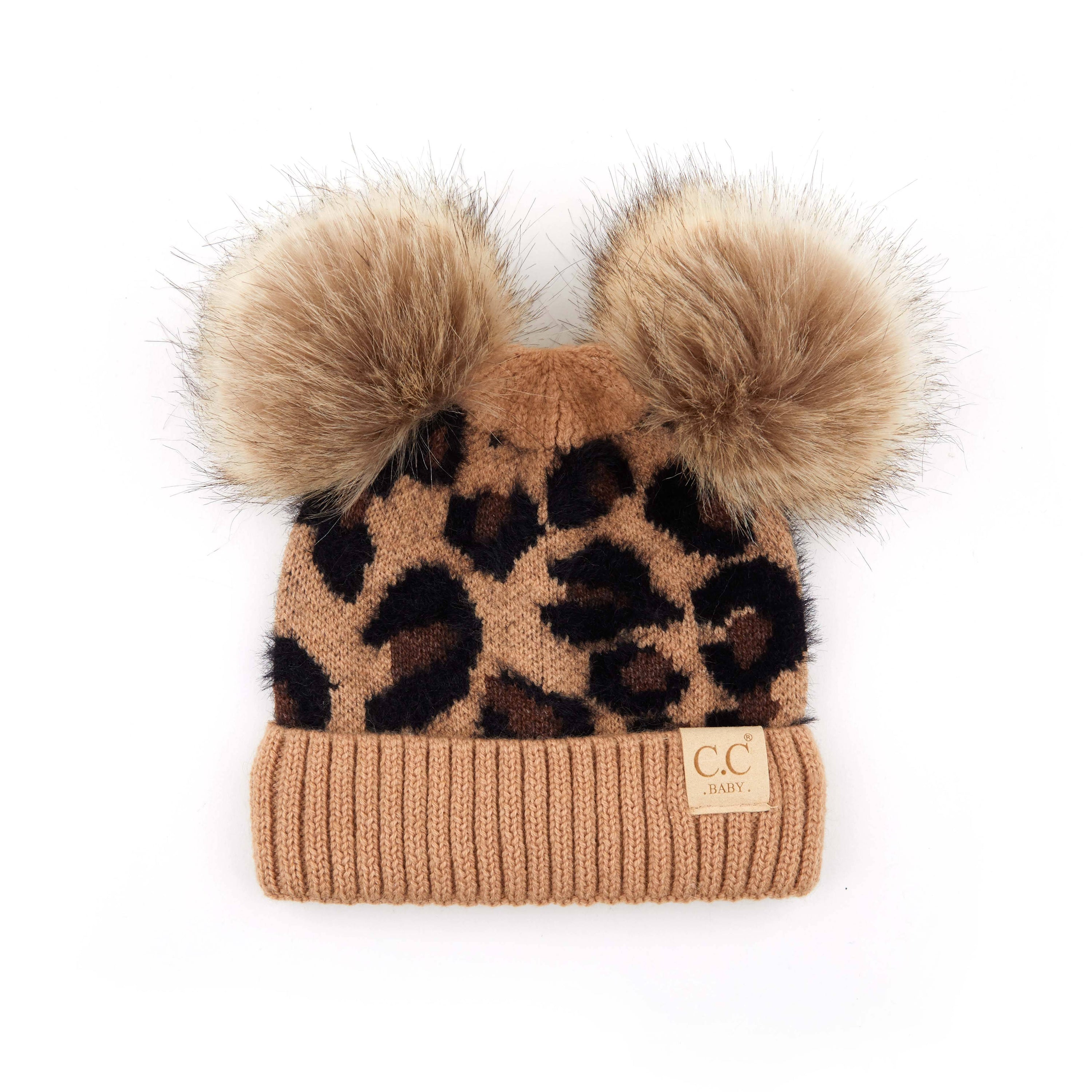 CC Double Pom Baby & Kids Leopard Beanie with fluffy faux fur poms and stylish leopard print design, perfect for keeping kids warm.