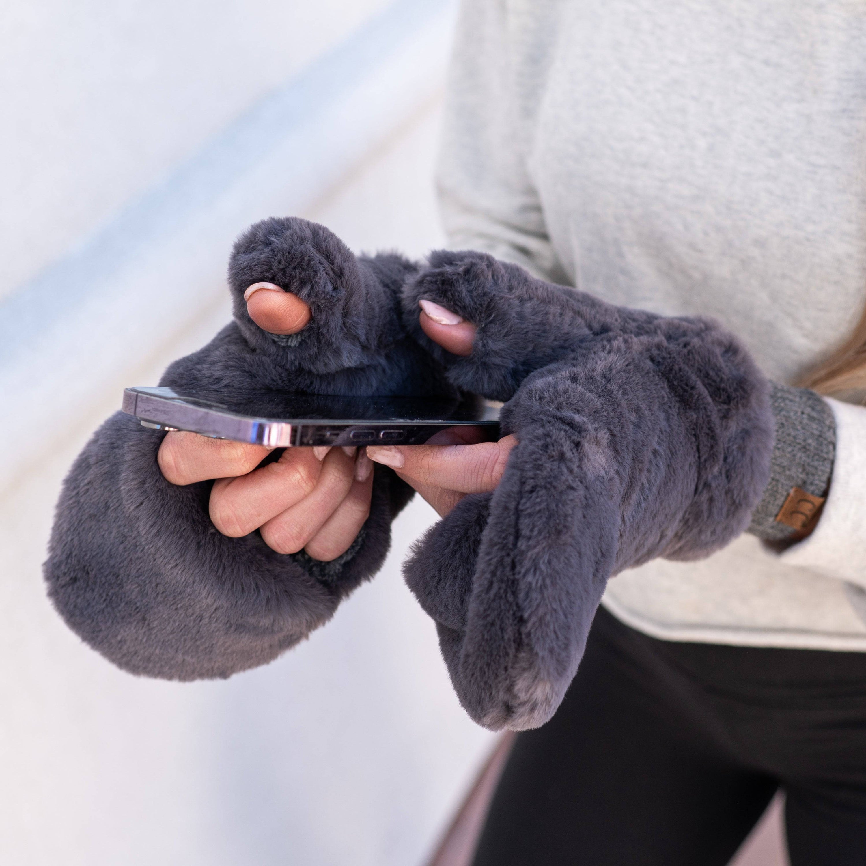 CC Faux Fur Touchscreen Accessible Mittens in various colors, showcasing soft sherpa lining and fold-down design for touchscreen use.