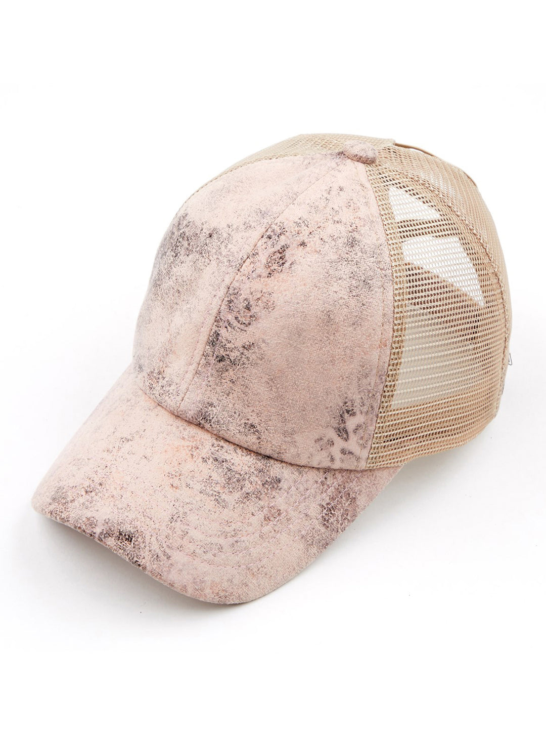 CC Faux Leather Hat in criss-cross style, designed for ponytails, featuring adjustable velcro closure and soft faux leather material.