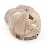 CC Faux Leather Hat in criss-cross style, designed for ponytails, featuring adjustable velcro closure and soft faux leather material.