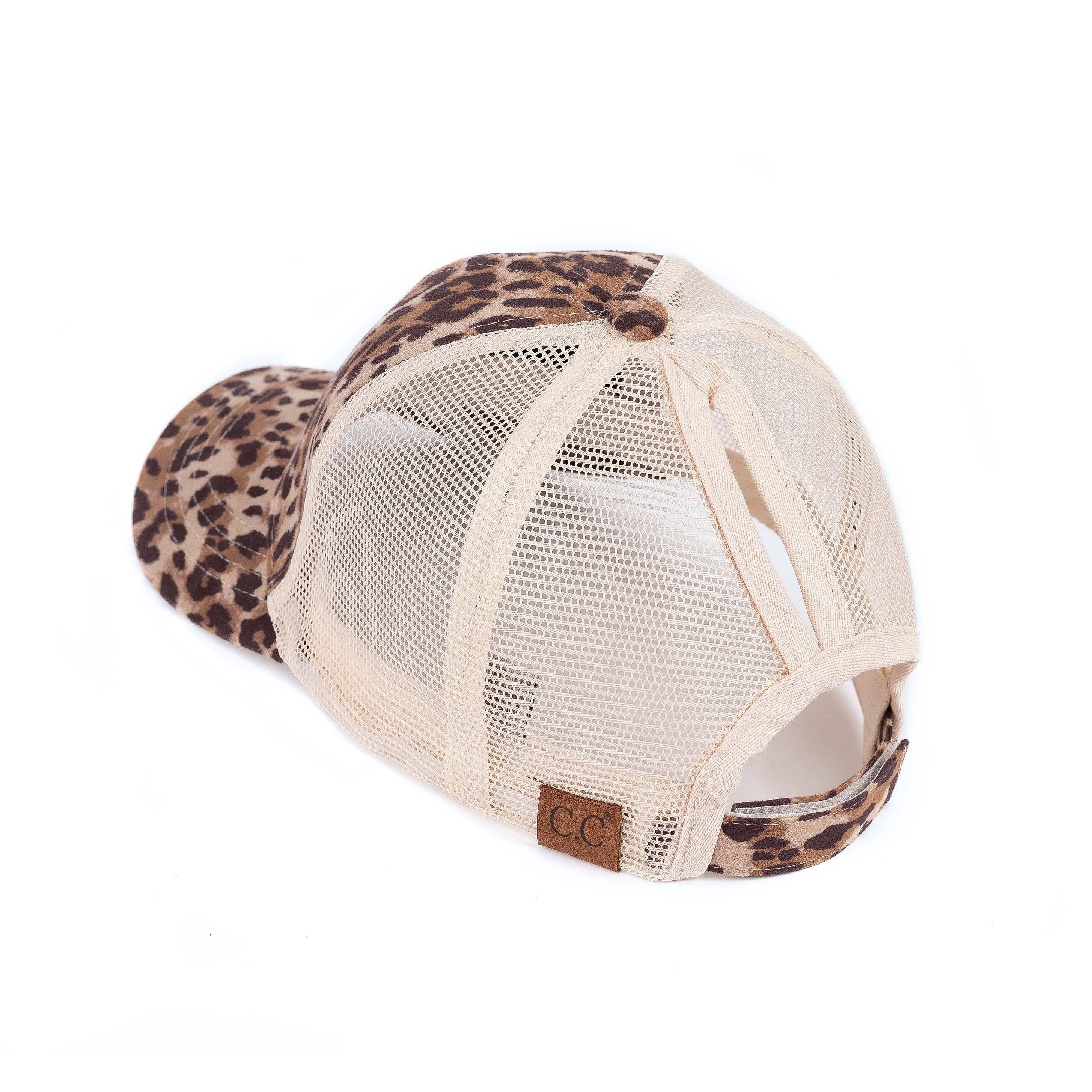 CC Faux Suede Leopard Hat featuring criss-cross and ponytail openings, showcasing its stylish leopard pattern and adjustable strap.