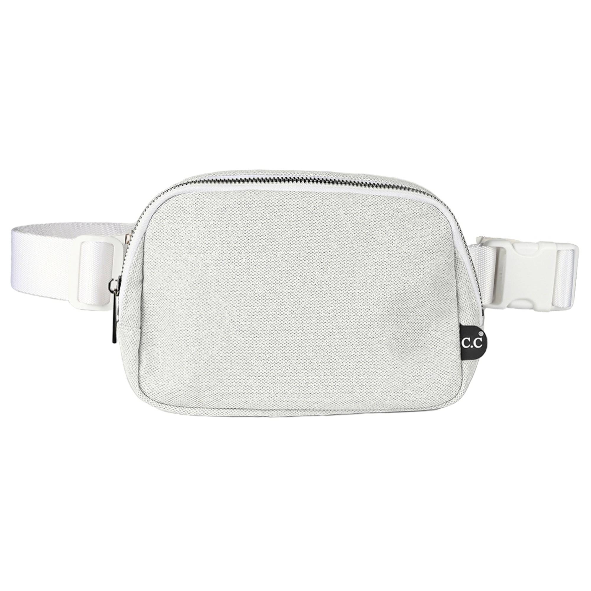 CC Glitter Belt Bag in sparkling design with adjustable strap and multiple pockets, perfect for stylish convenience.