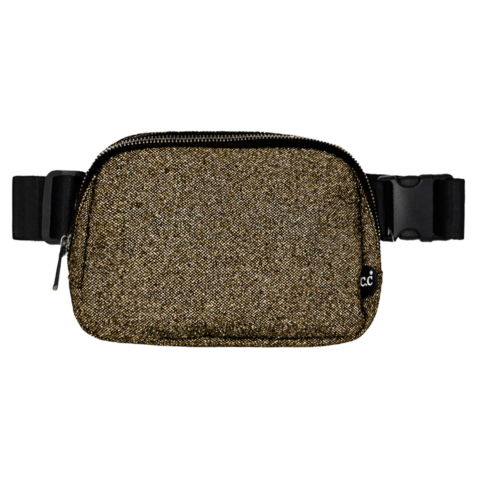 CC Glitter Belt Bag in sparkling design with adjustable strap and multiple pockets, perfect for stylish convenience.