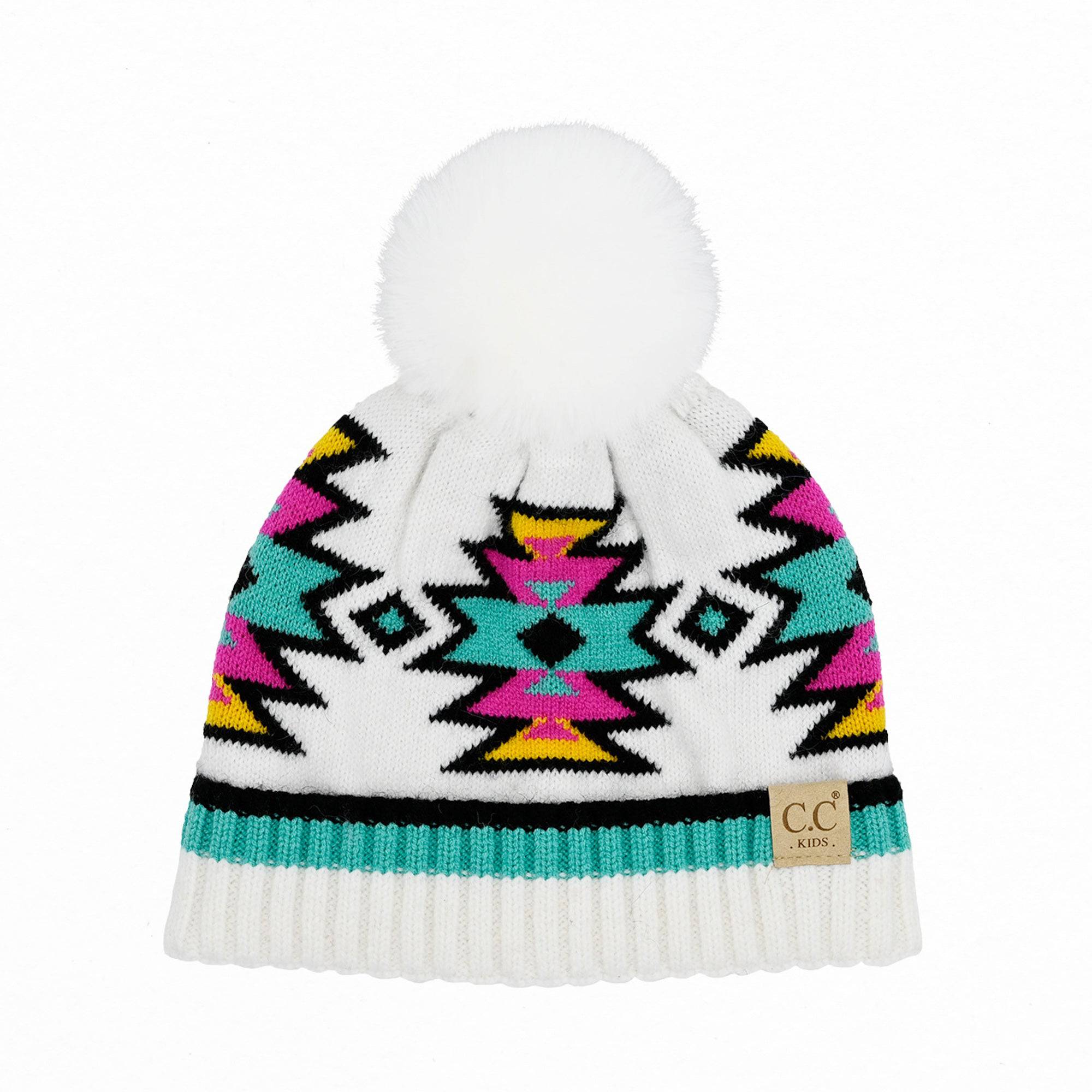 CC Kids South Western Pattern Faux Fur Pom Beanie featuring a vibrant design and a fluffy 4.5-inch faux fur pom.