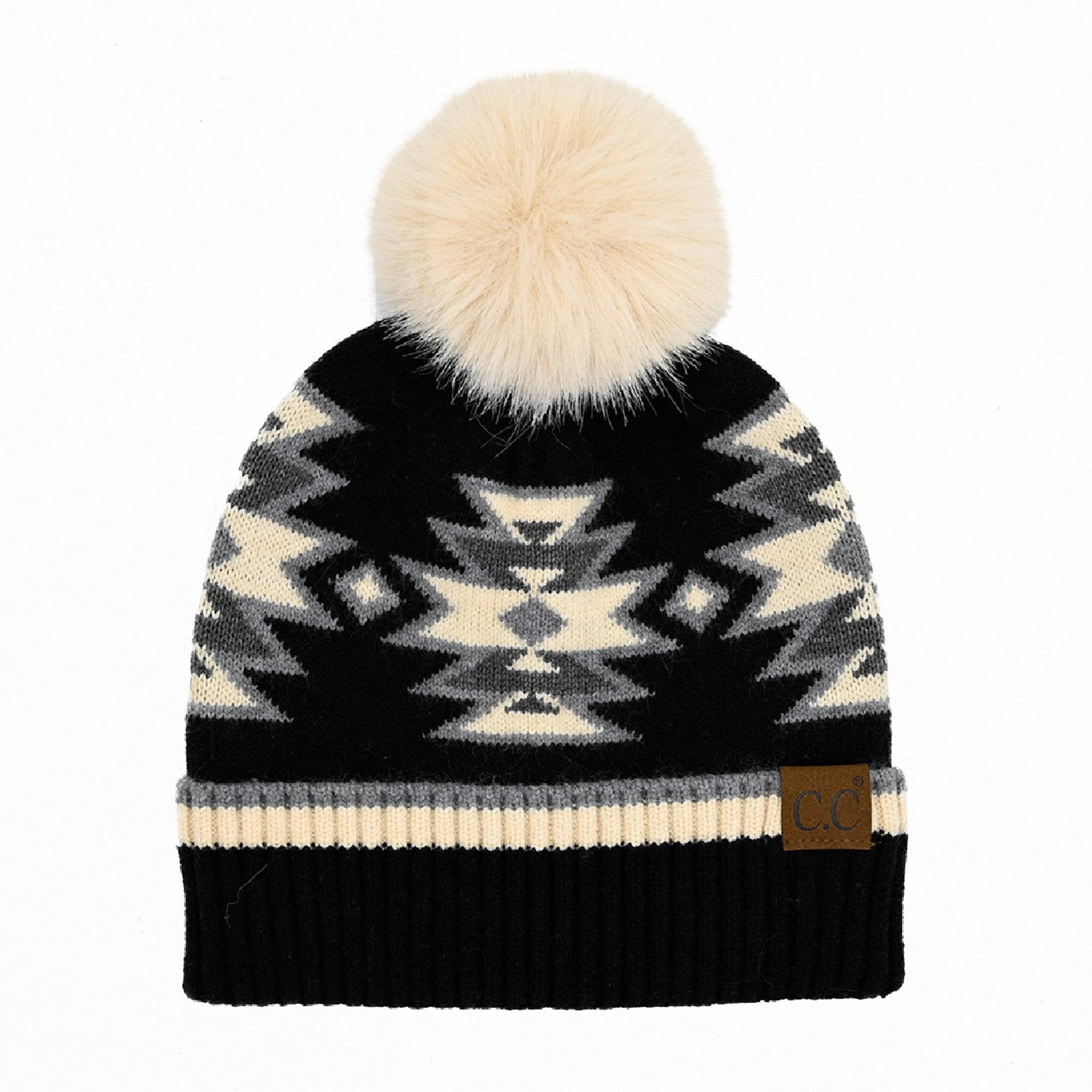 CC Kids South Western Pattern Faux Fur Pom Beanie featuring a vibrant design and a fluffy 4.5-inch faux fur pom.