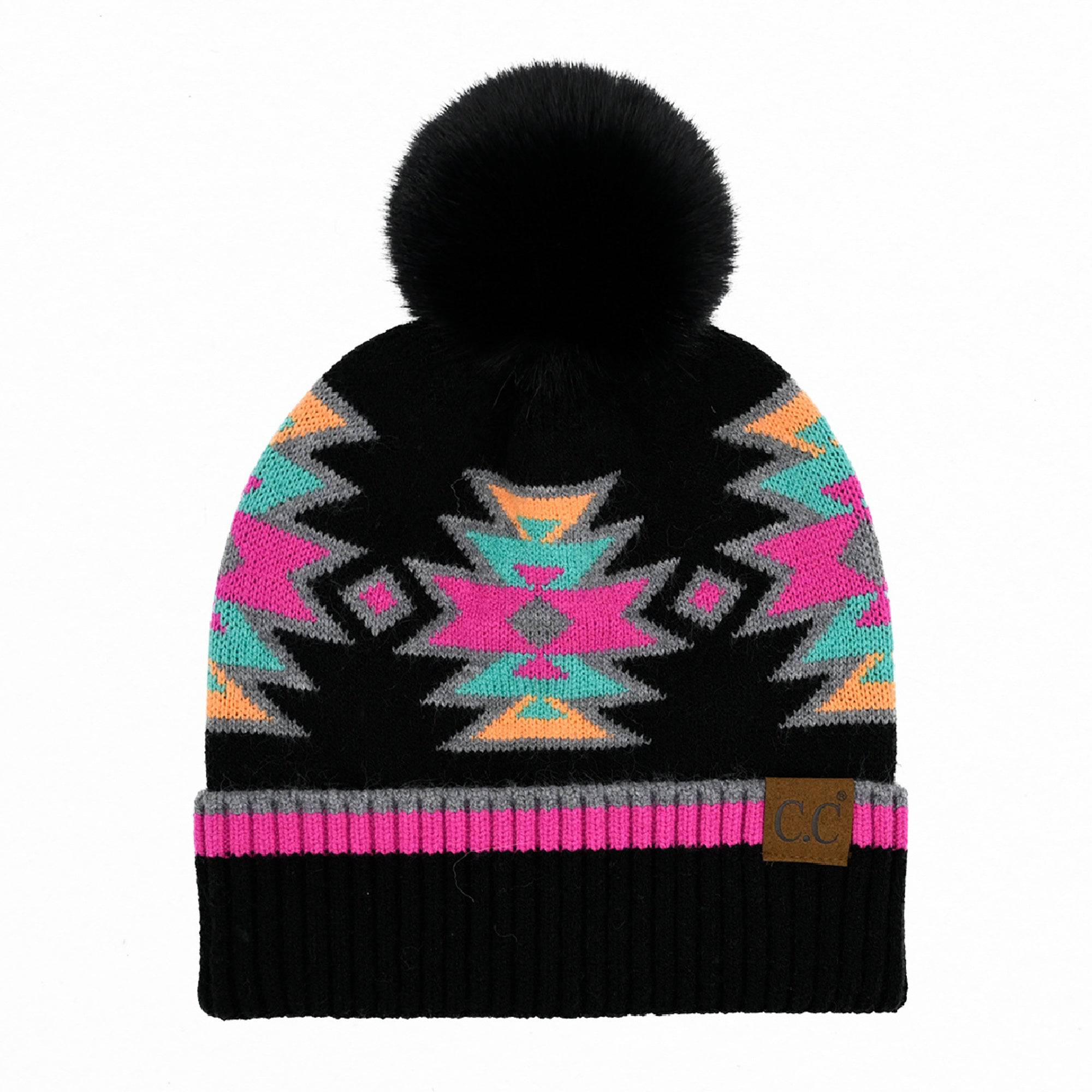 CC Kids South Western Pattern Faux Fur Pom Beanie featuring a vibrant design and a fluffy 4.5-inch faux fur pom.