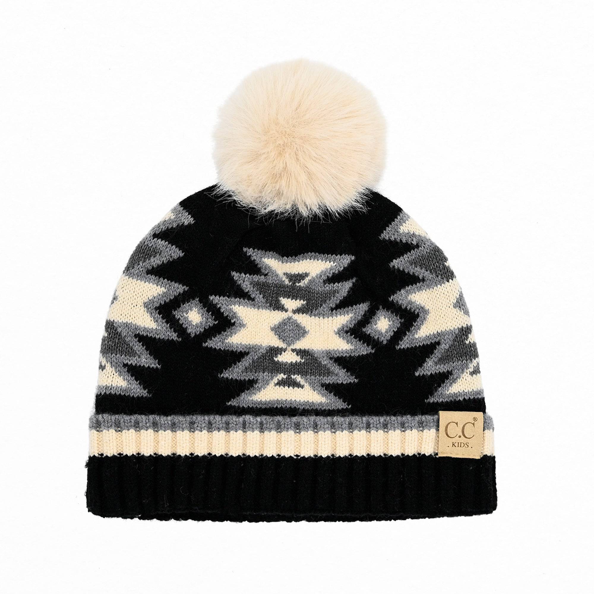 CC Kids South Western Pattern Faux Fur Pom Beanie featuring a vibrant design and a fluffy 4.5-inch faux fur pom.