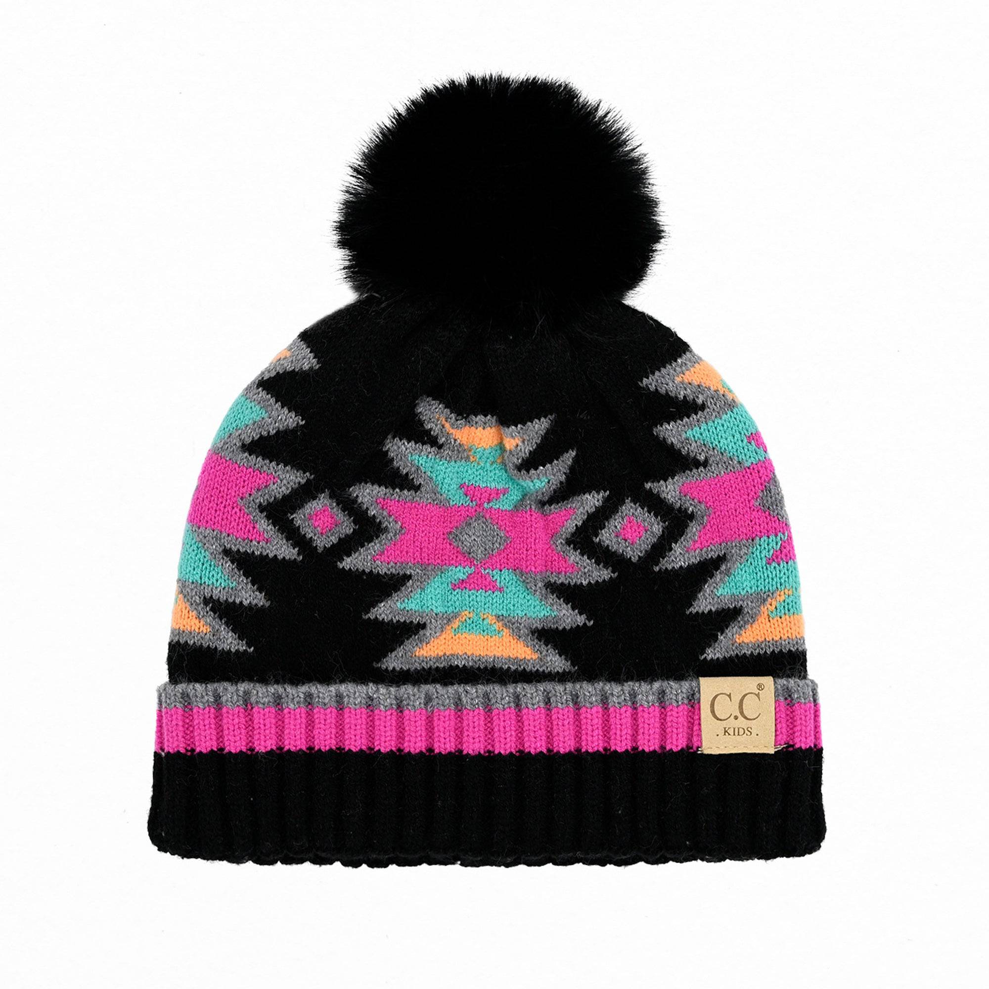 CC Kids South Western Pattern Faux Fur Pom Beanie featuring a vibrant design and a fluffy 4.5-inch faux fur pom.
