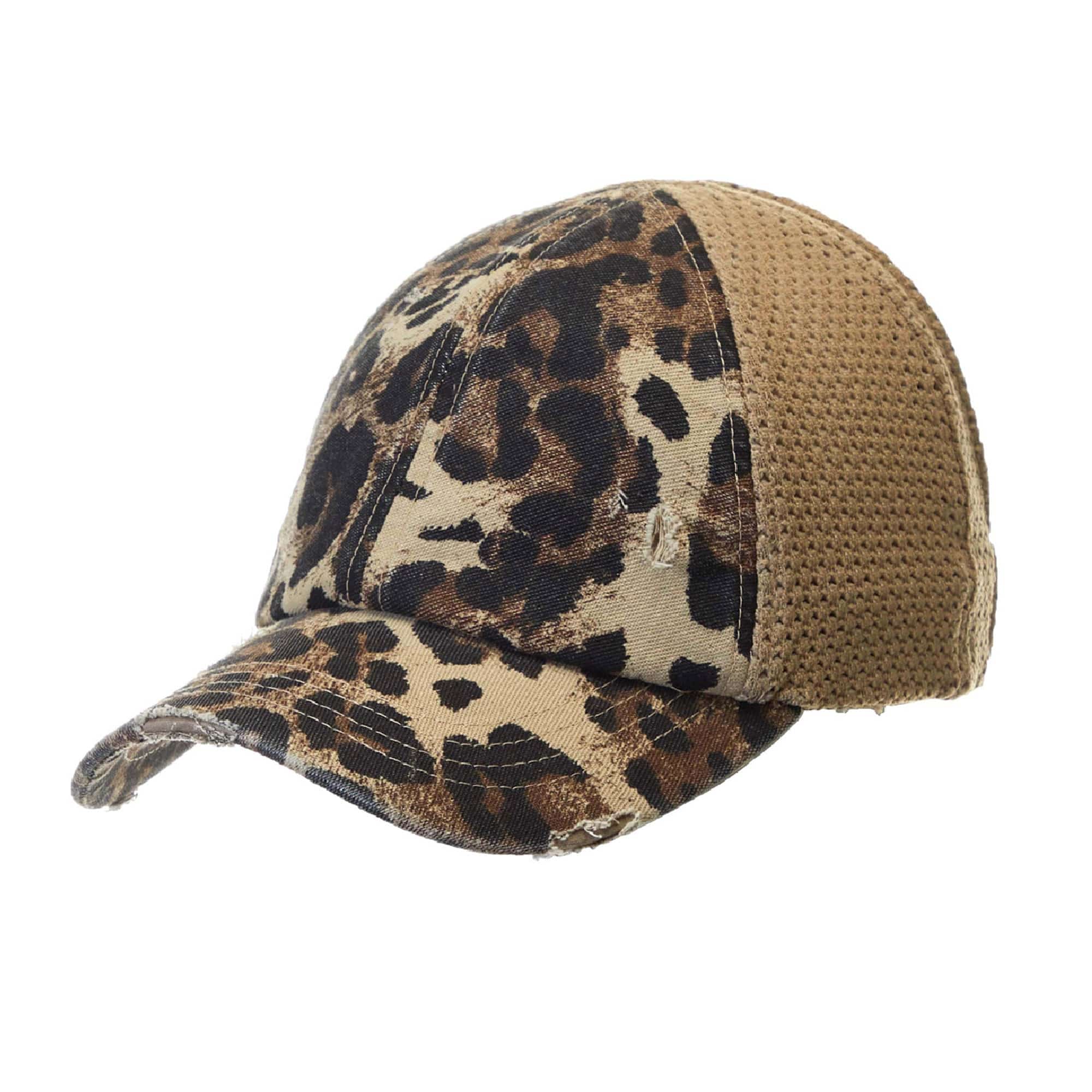 CC Leopard Women Hat featuring a stretchy leopard print design, perfect for ponytails and messy buns, showcasing a comfortable glove-like fit.