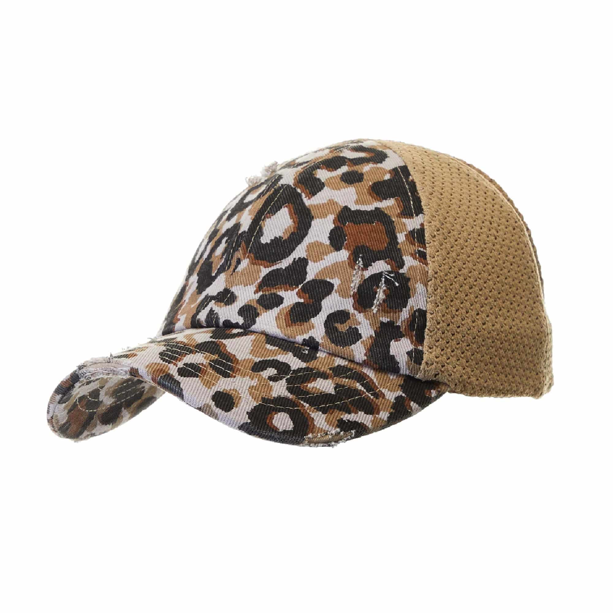 CC Leopard Women Hat featuring a stretchy leopard print design, perfect for ponytails and messy buns, showcasing a comfortable glove-like fit.
