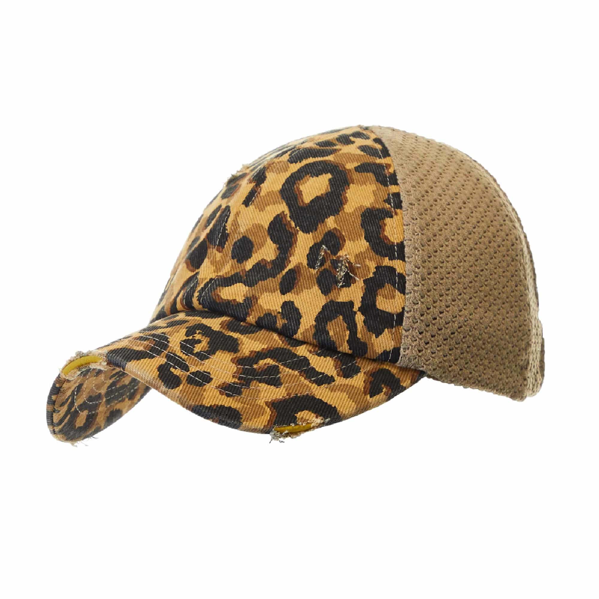 CC Leopard Women Hat featuring a stretchy leopard print design, perfect for ponytails and messy buns, showcasing a comfortable glove-like fit.