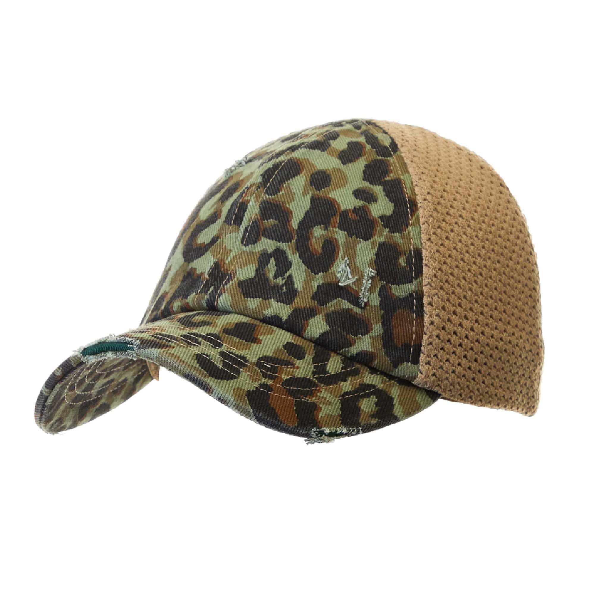 CC Leopard Women Hat featuring a stretchy leopard print design, perfect for ponytails and messy buns, showcasing a comfortable glove-like fit.