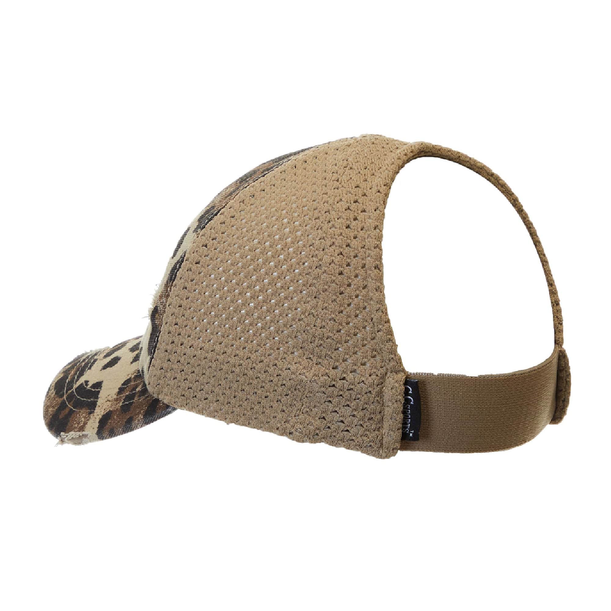 CC Leopard Women Hat featuring a stretchy leopard print design, perfect for ponytails and messy buns, showcasing a comfortable glove-like fit.