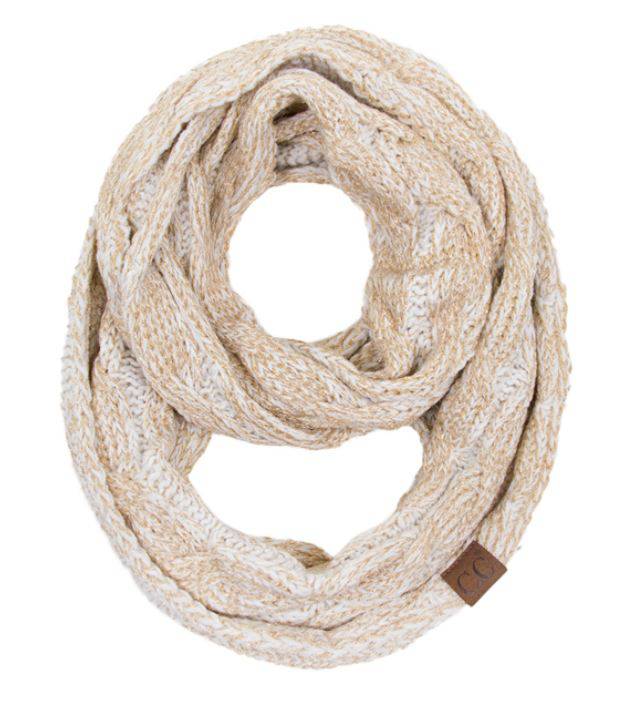 CC Metallic Scarf featuring a stylish infinity design with a homespun metallic pattern, perfect for adding shine to any outfit.