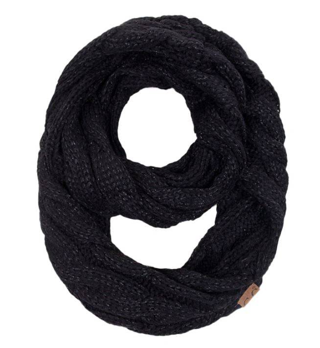 CC Metallic Scarf featuring a stylish infinity design with a homespun metallic pattern, perfect for adding shine to any outfit.