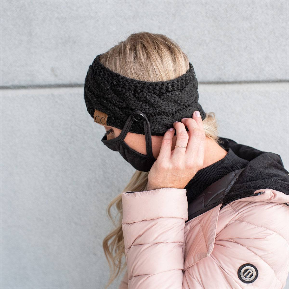 CC Non-Lined Women Head Wrap in vibrant colors with mask buttons, showcasing its stylish design and comfort.