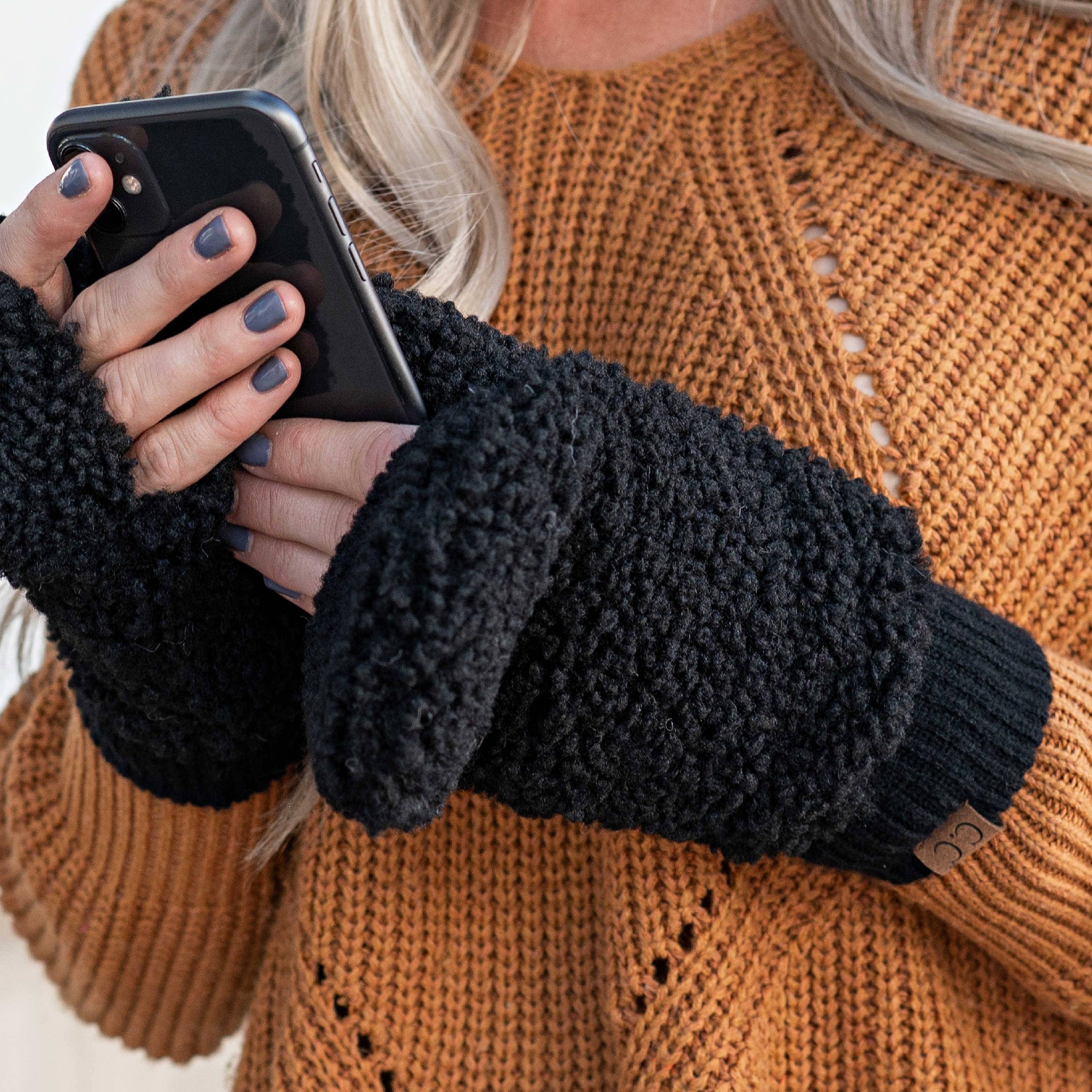 CC Soft Sherpa Accessible Mittens with faux fur lining, showcasing trendy Sherpa material and CC® branding.