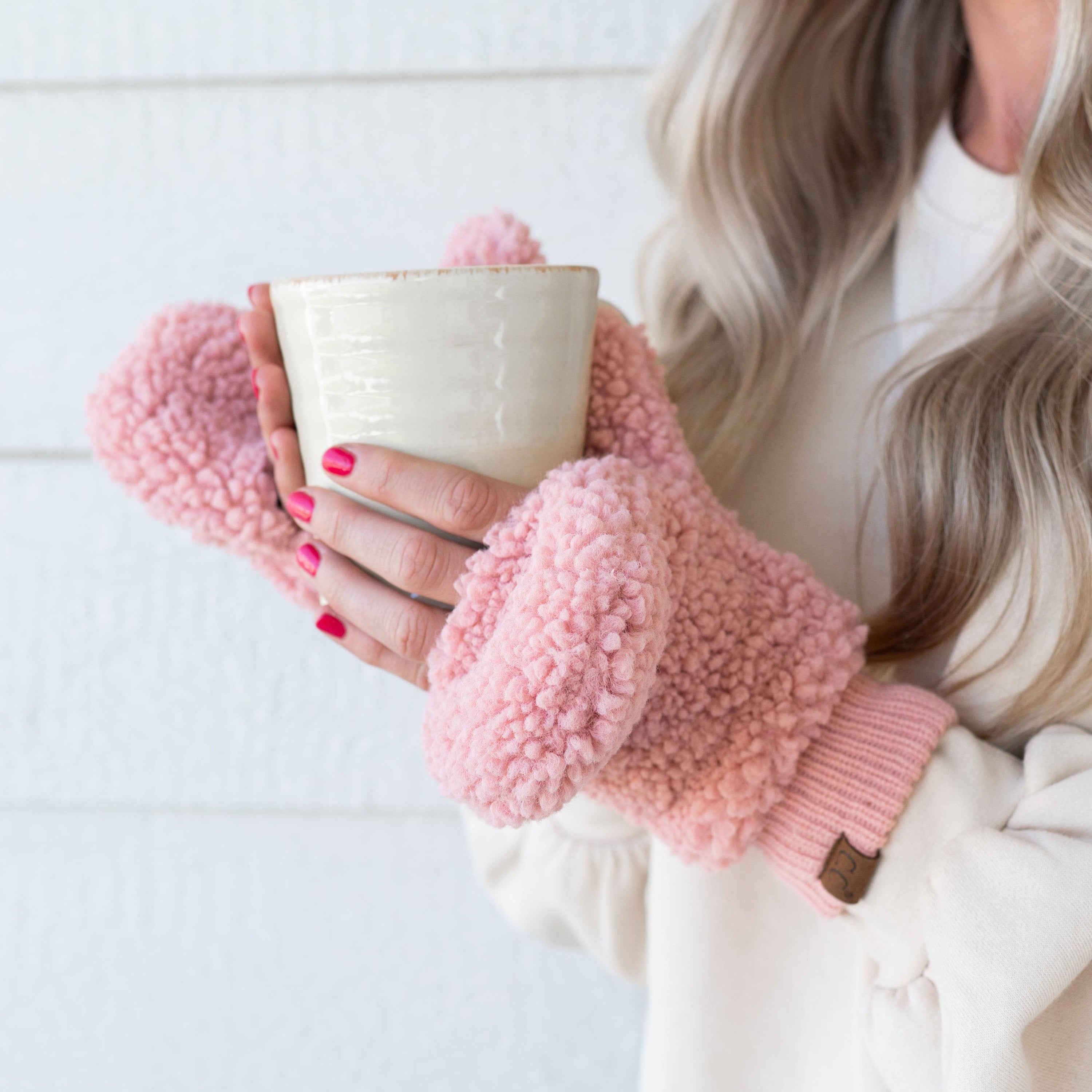 CC Soft Sherpa Accessible Mittens with faux fur lining, showcasing trendy Sherpa material and CC® branding.