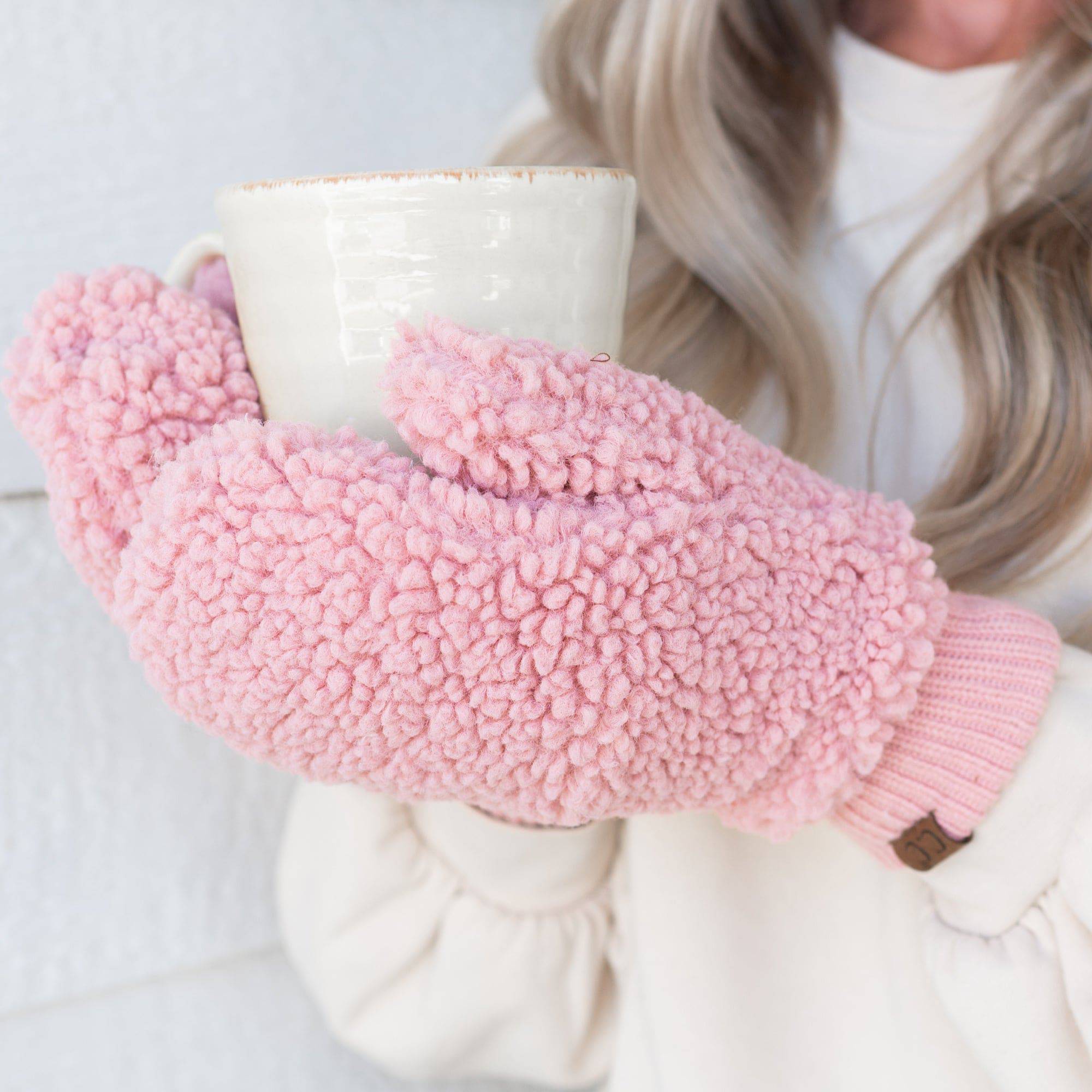 CC Soft Sherpa Accessible Mittens with faux fur lining, showcasing trendy Sherpa material and CC® branding.