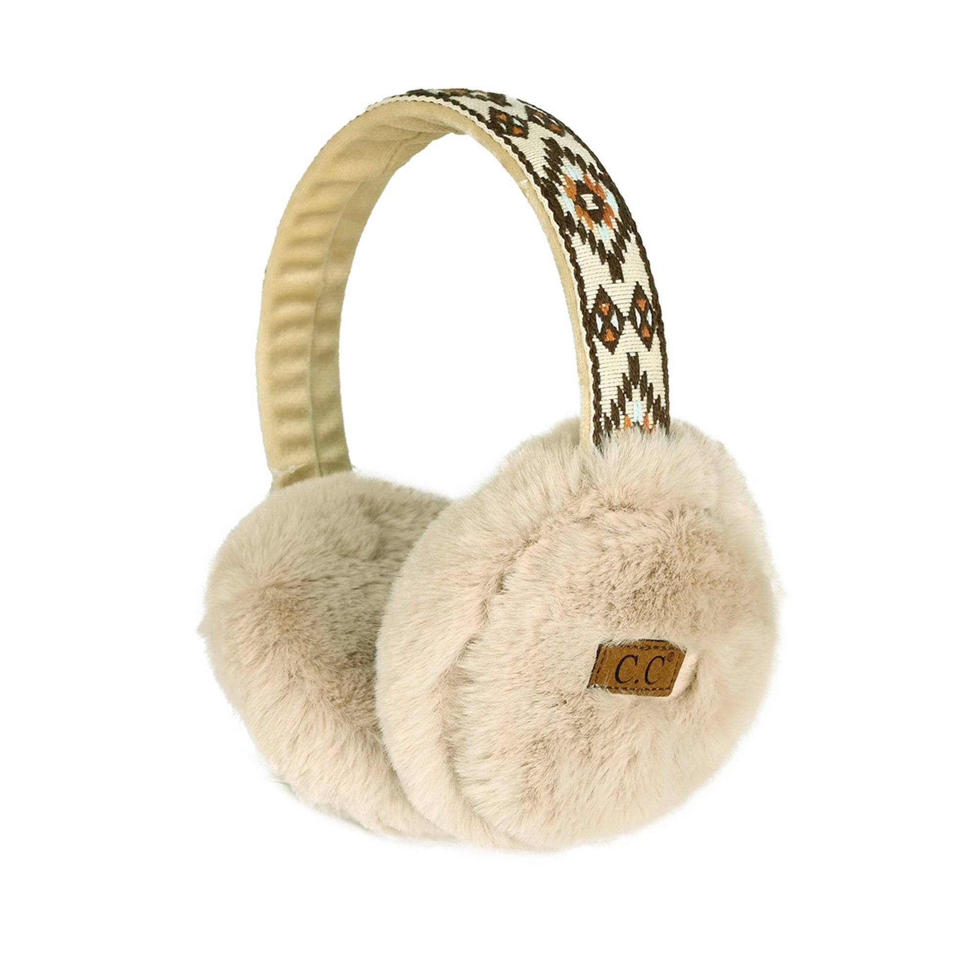 Stylish CC South Western Print Adjustable Earmuff with faux fur lining, perfect for winter wear.