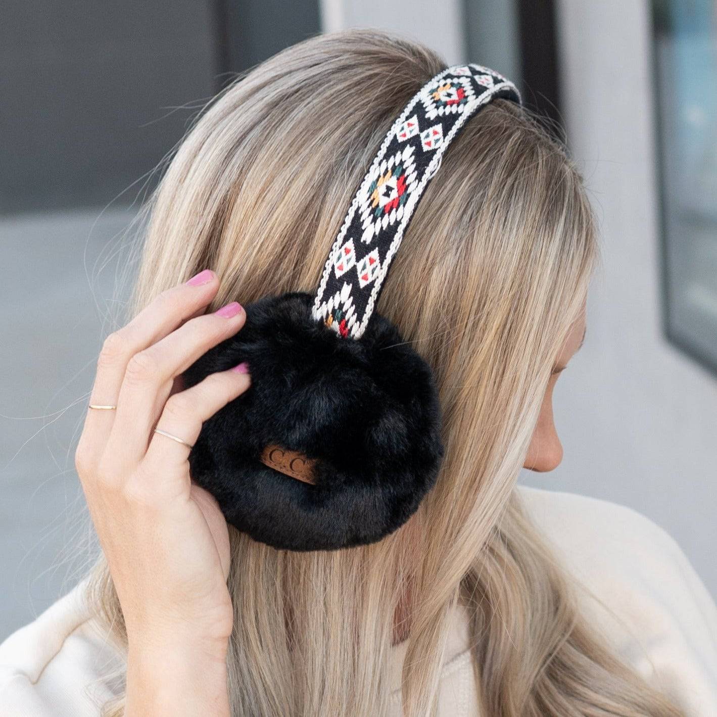 Stylish CC South Western Print Adjustable Earmuff with faux fur lining, perfect for winter wear.
