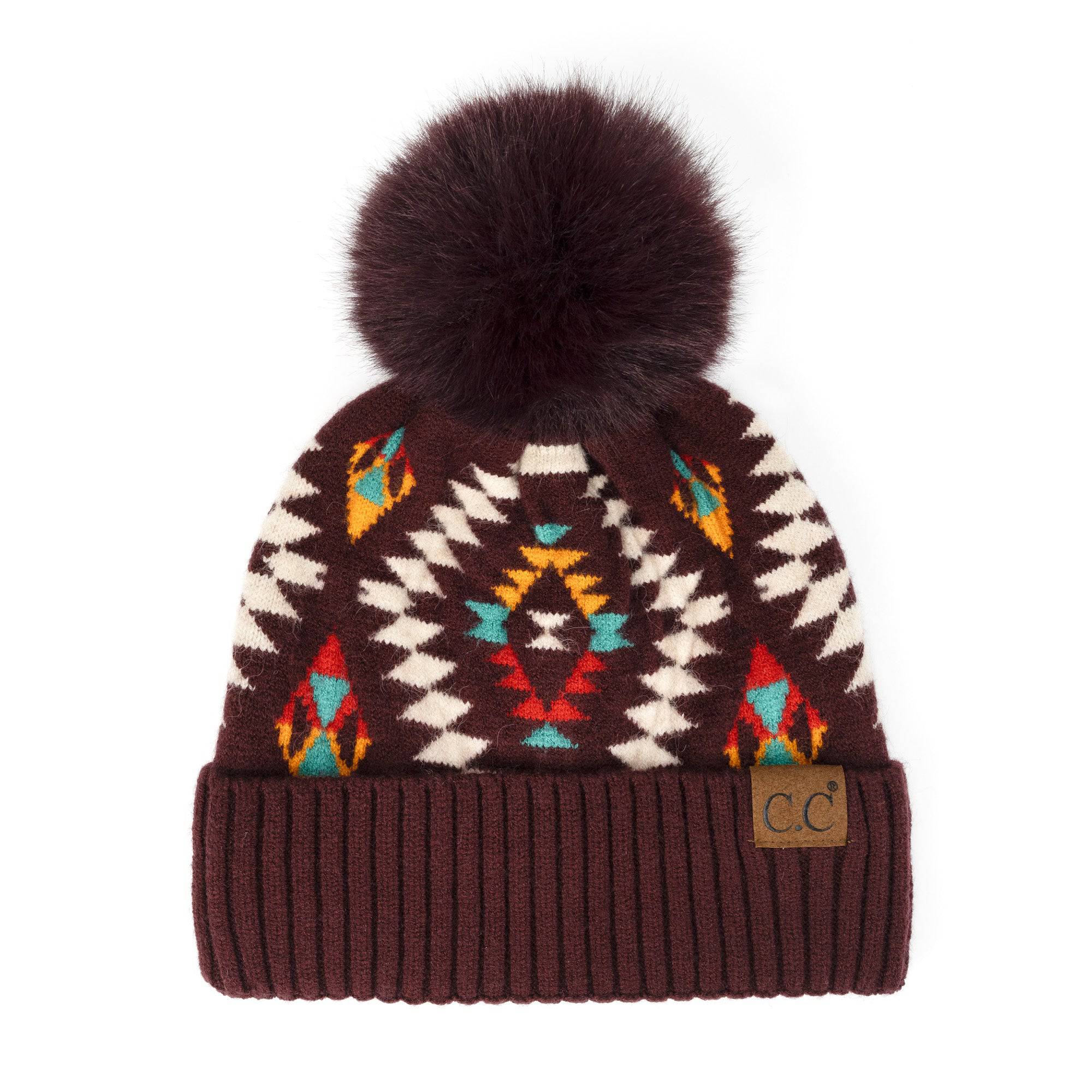 CC South Western Print Beanie with faux fur pom and Aztec pattern, perfect for winter fashion.