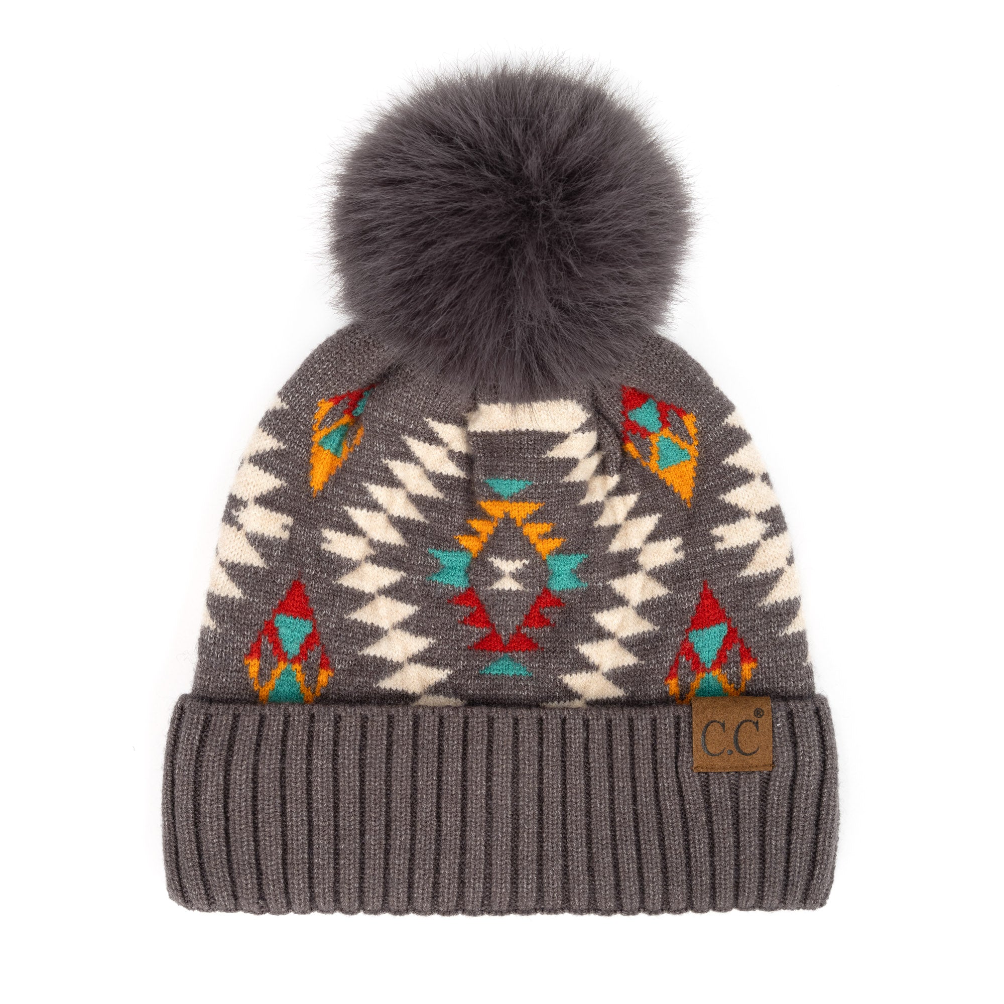 CC South Western Print Beanie with faux fur pom and Aztec pattern, perfect for winter fashion.