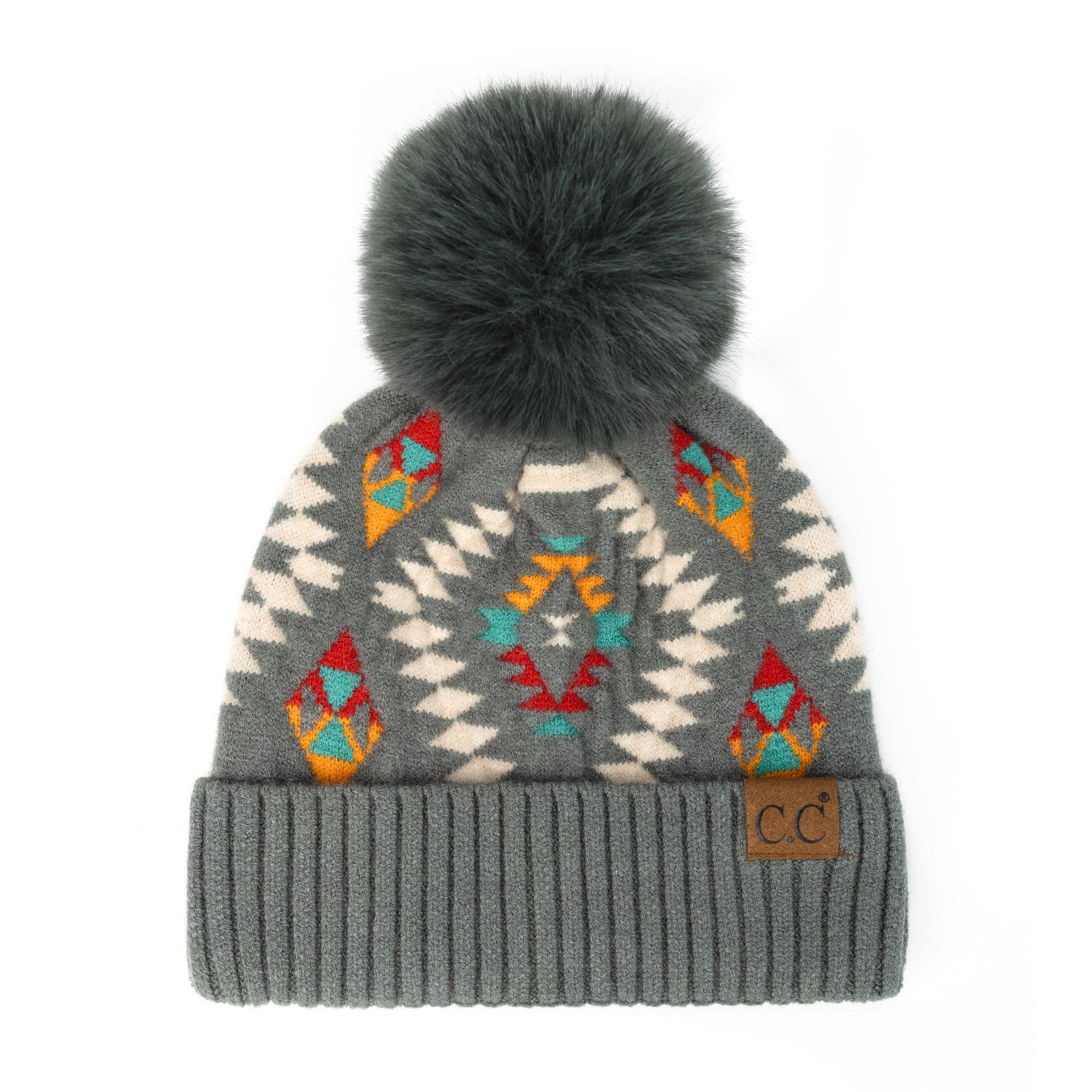 CC South Western Print Beanie with faux fur pom and Aztec pattern, perfect for winter fashion.