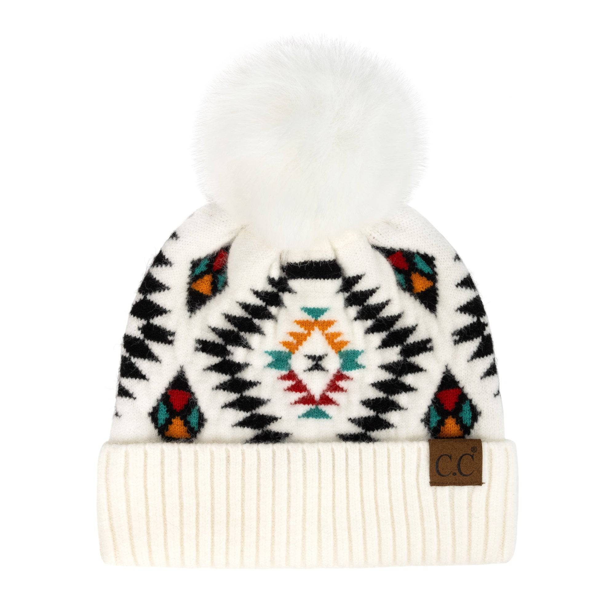 CC South Western Print Beanie with faux fur pom and Aztec pattern, perfect for winter fashion.