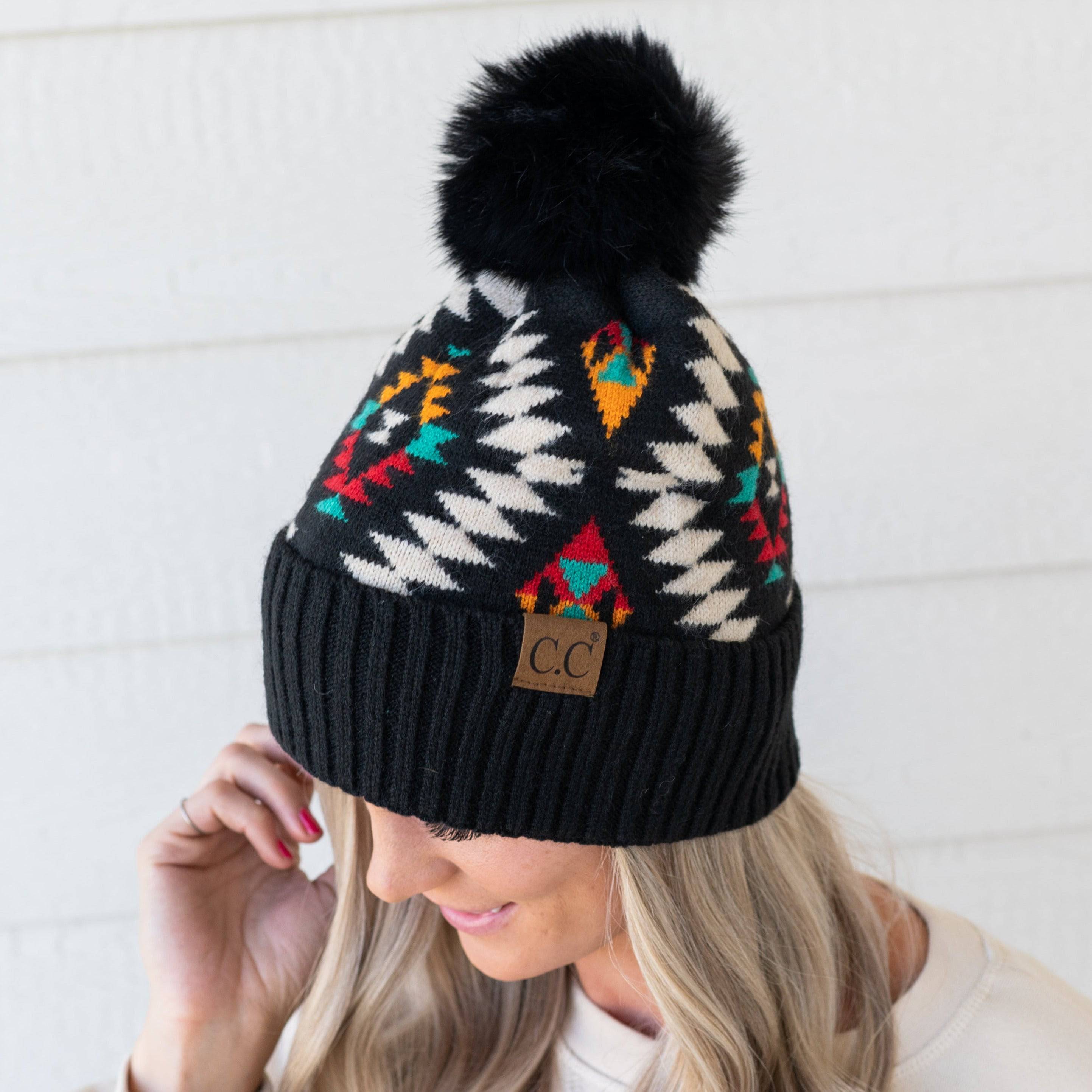 CC South Western Print Beanie with faux fur pom and Aztec pattern, perfect for winter fashion.