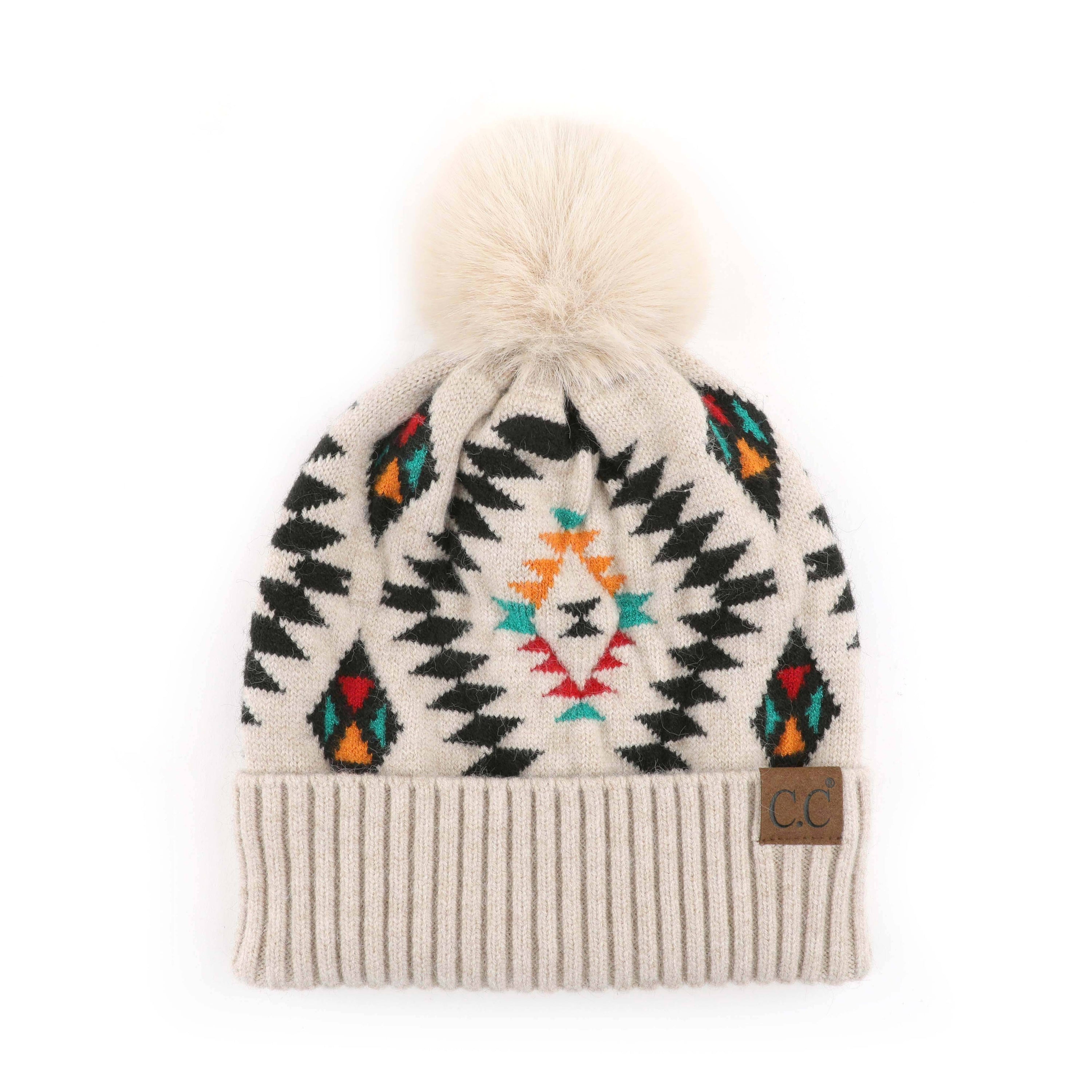 CC South Western Print Beanie with faux fur pom and Aztec pattern, perfect for winter fashion.