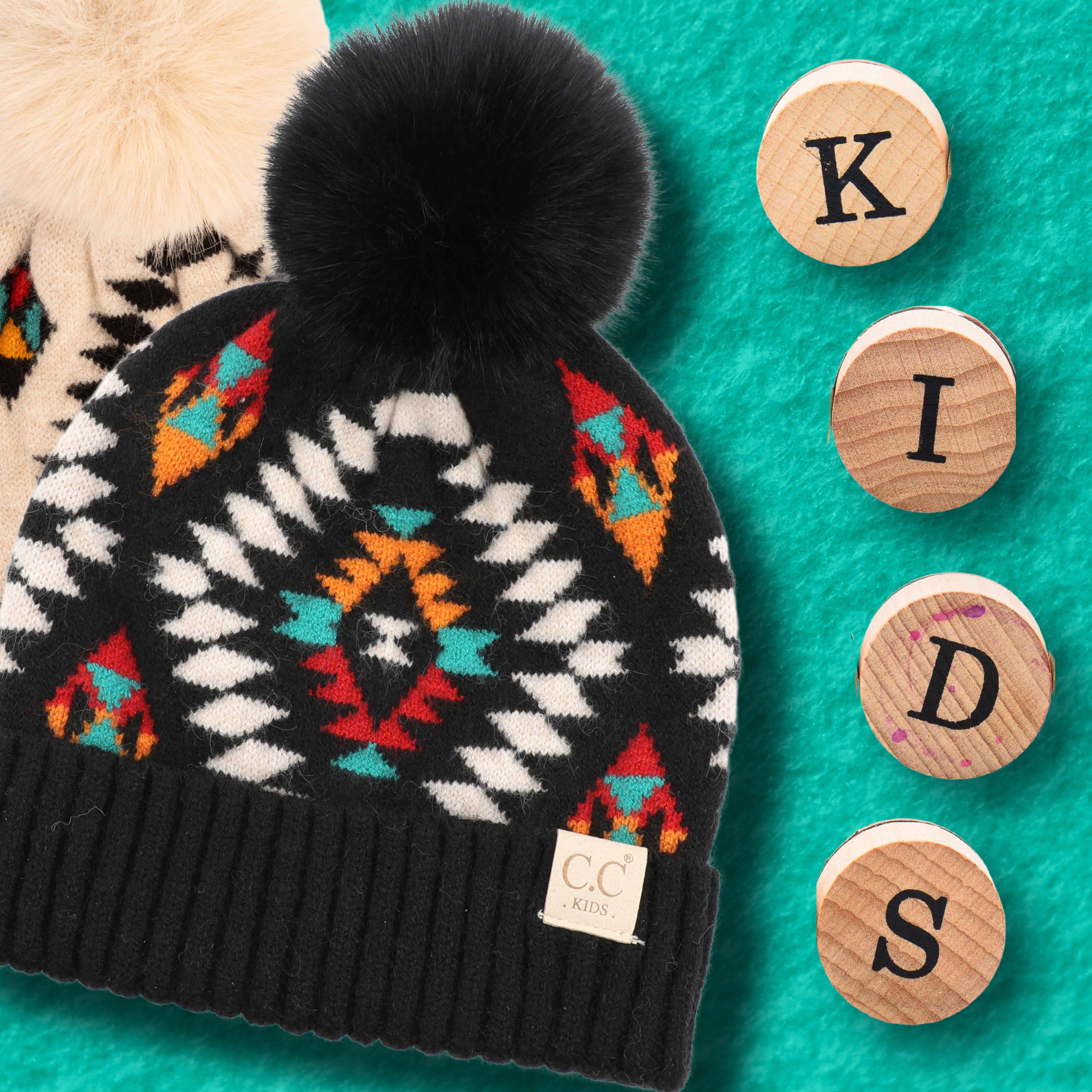 CC South Western Print Kids Beanie Hat with Faux Fur Pom, featuring a colorful Aztec design and quality knitted fabric.