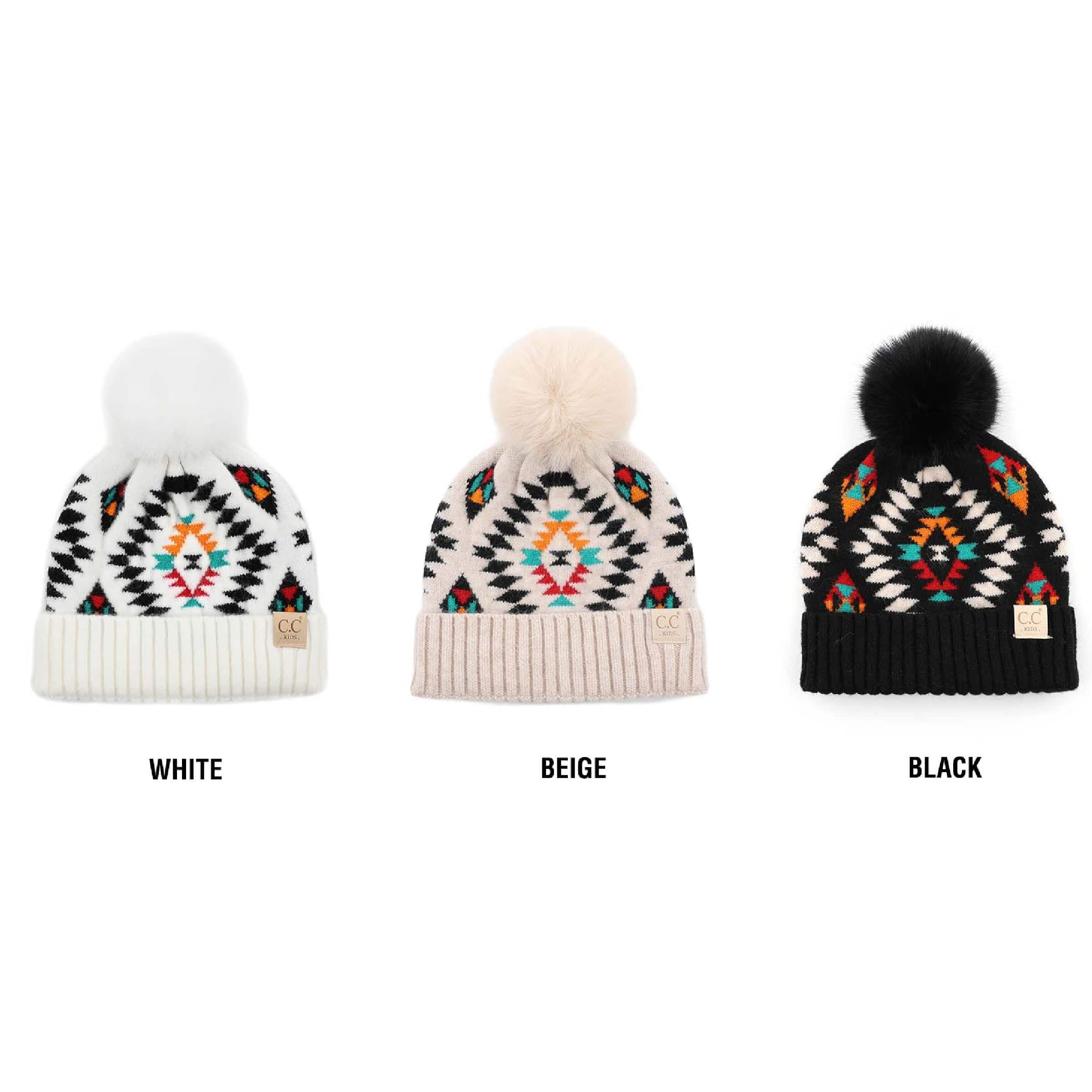 CC South Western Print Kids Beanie Hat with Faux Fur Pom, featuring a colorful Aztec design and quality knitted fabric.