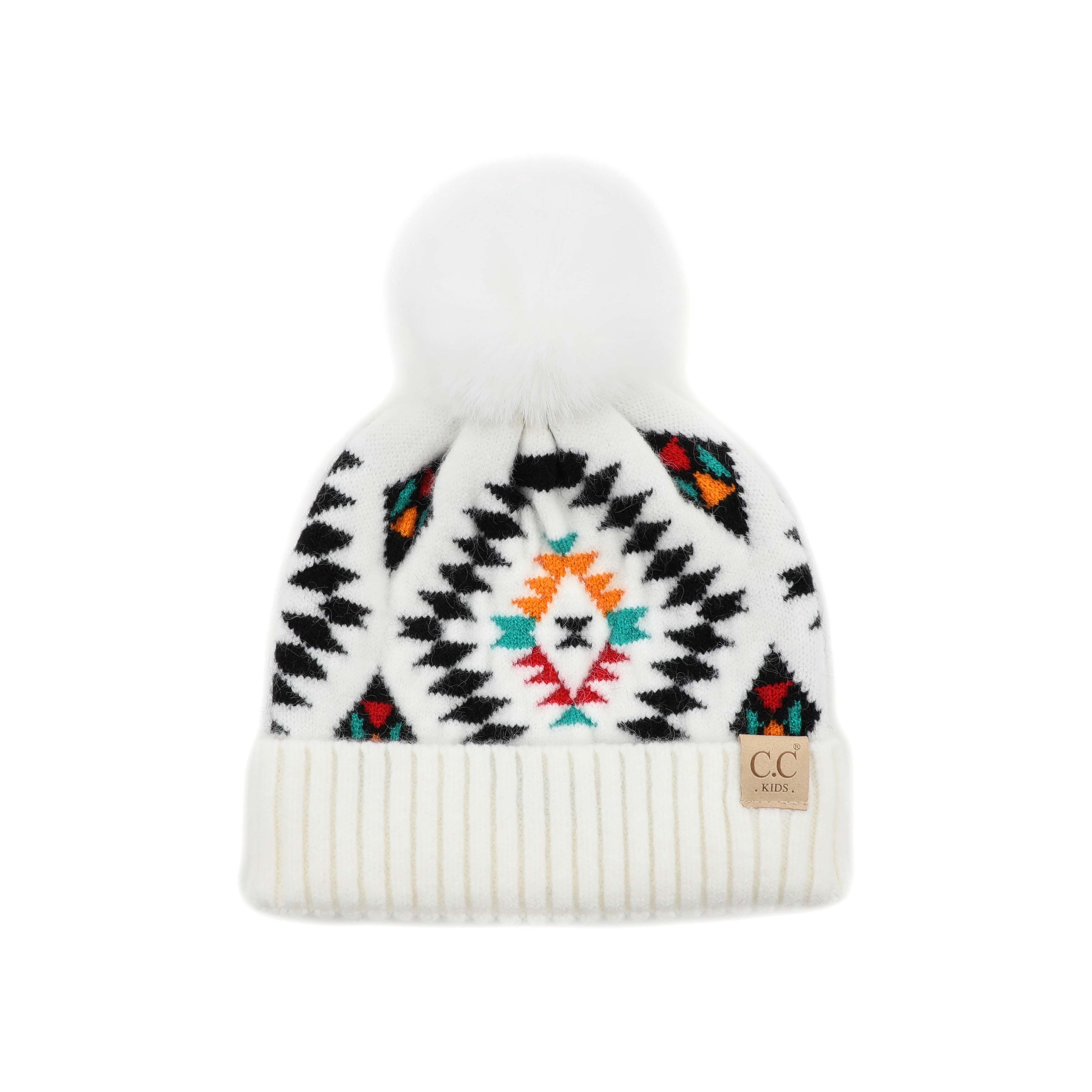 CC South Western Print Kids Beanie Hat with Faux Fur Pom, featuring a colorful Aztec design and quality knitted fabric.