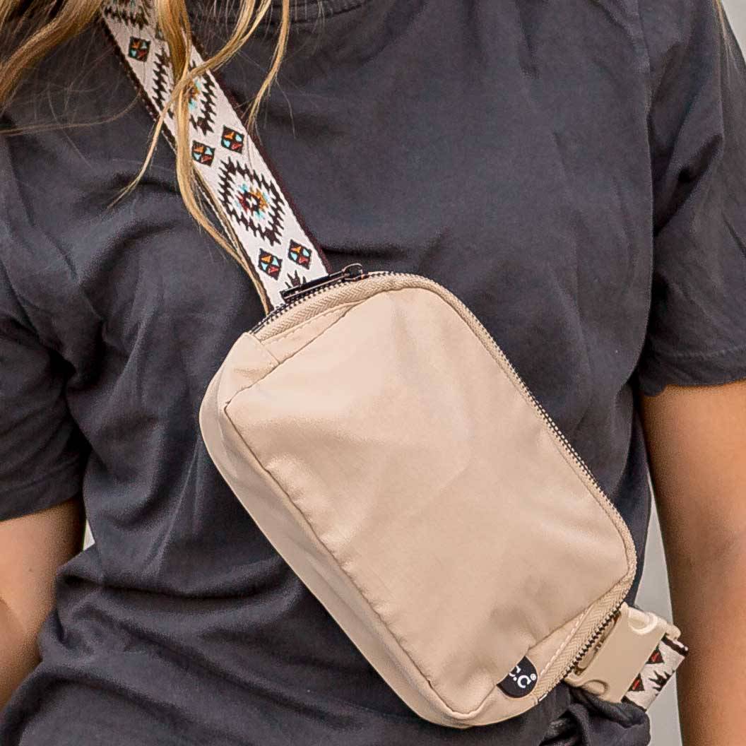CC South Western Strap Belt Bag Fanny Pack featuring an Aztec print strap, three mesh pockets, and an adjustable strap for comfort.