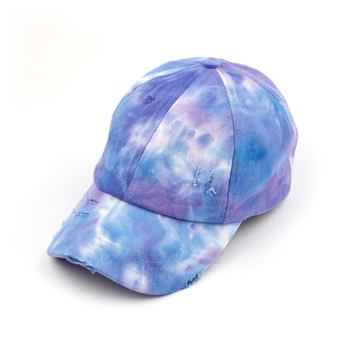 CC Tie-Dye Pony Cap featuring criss-cross elastic for ponytails, vibrant tie-dye pattern, and adjustable back closure for a perfect fit.