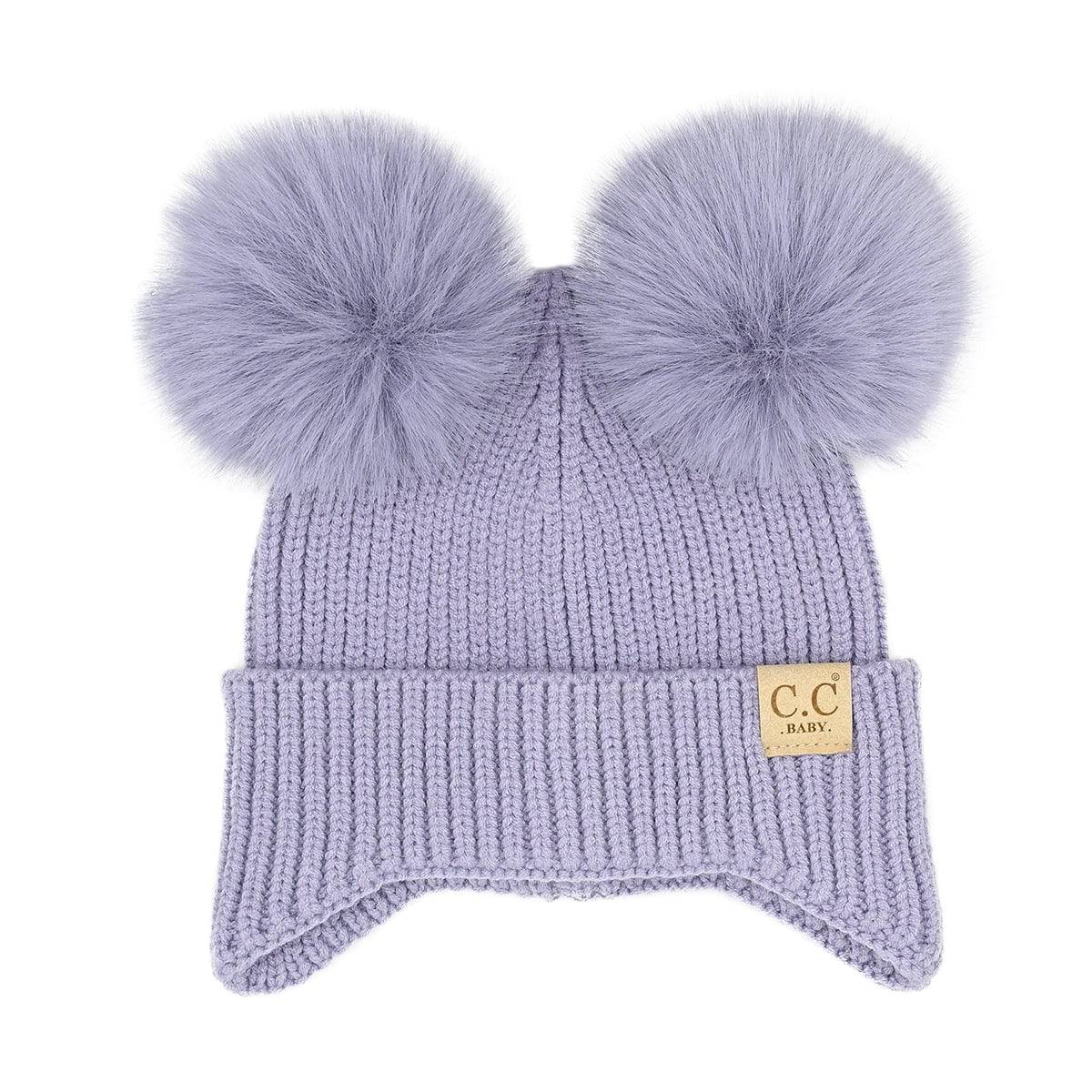 CC Toasty and Warm Ear Flap Baby Beanie with double faux fur pom-poms, designed for warmth and comfort, perfect for infants.