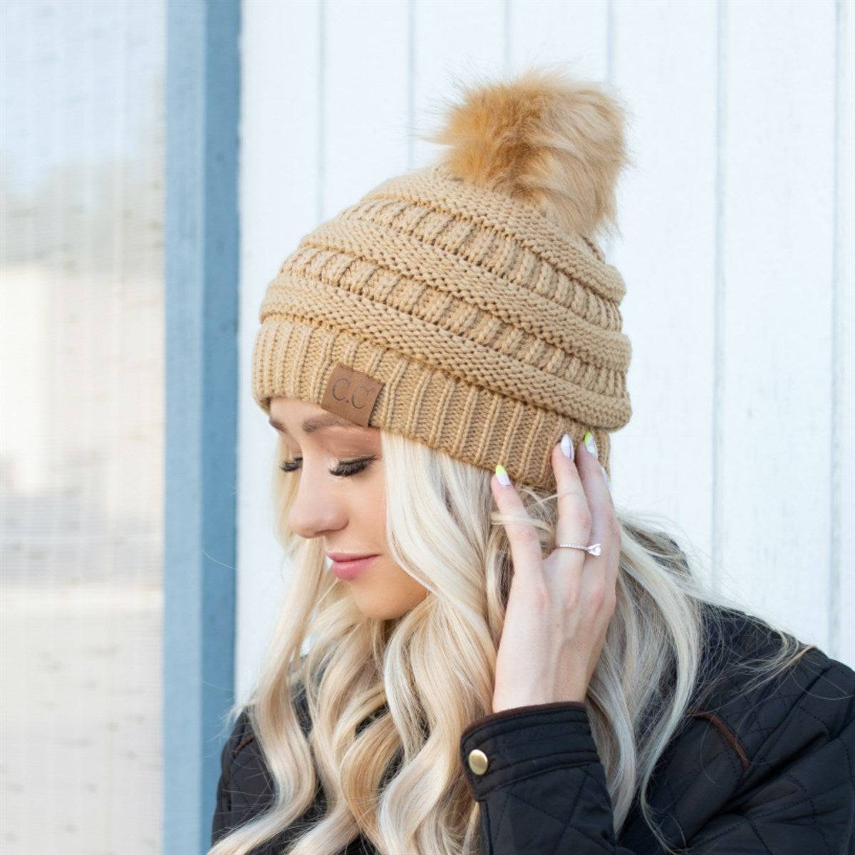 CC Trending Pom Beanie in school spirit colors with a cozy cable knit texture and matching faux fur pom.