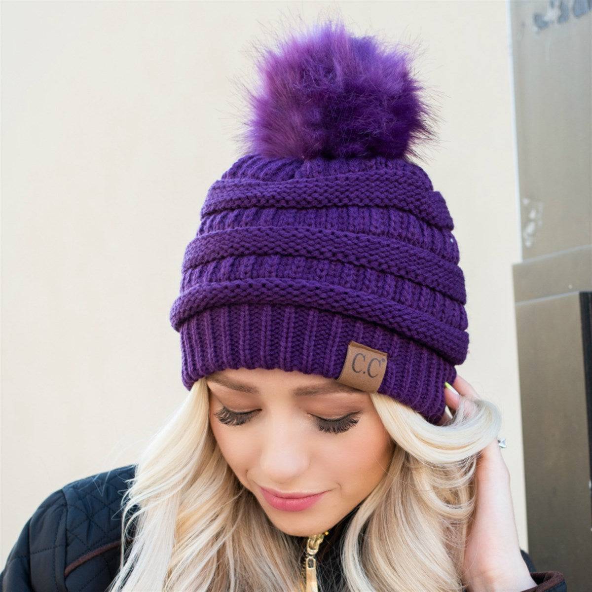 CC Trending Pom Beanie in school spirit colors with a cozy cable knit texture and matching faux fur pom.