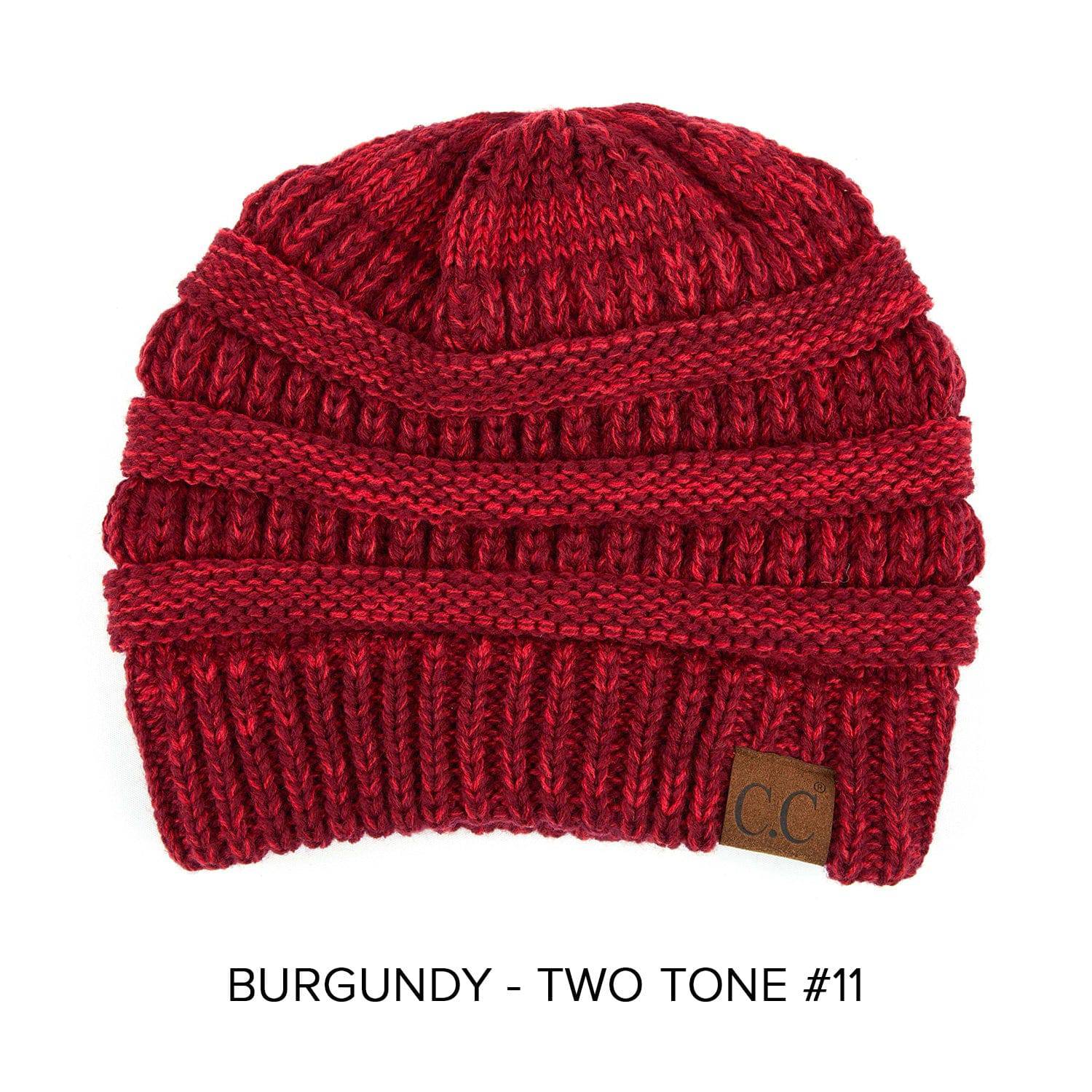 CC Two-Tone Super Soft Beanie Hat in various colors, showcasing its crochet pattern and authentic C.C. branding.