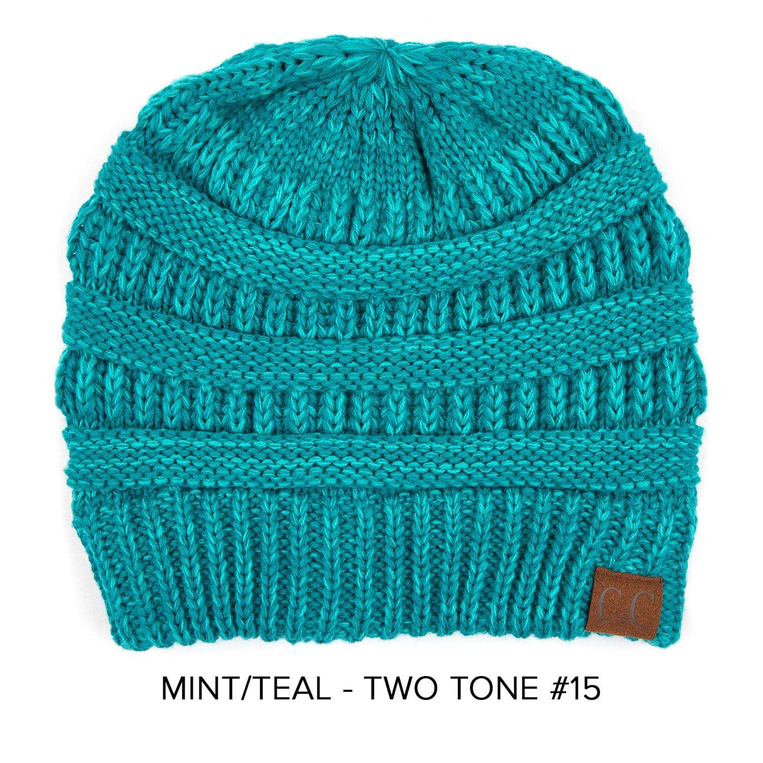 CC Two-Tone Super Soft Beanie Hat in various colors, showcasing its crochet pattern and authentic C.C. branding.