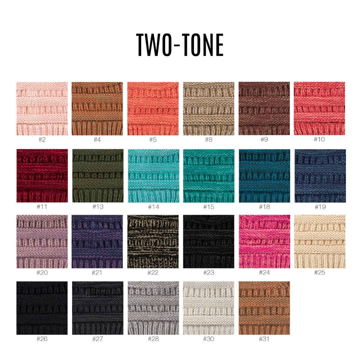 CC Two-Tone Super Soft Beanie Hat in various colors, showcasing its crochet pattern and authentic C.C. branding.