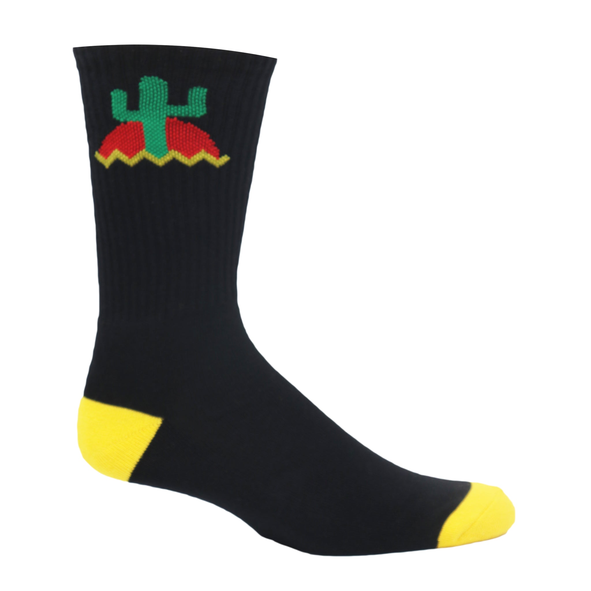 Black crew socks featuring a vibrant cactus graphic, perfect for sports and school spirit.