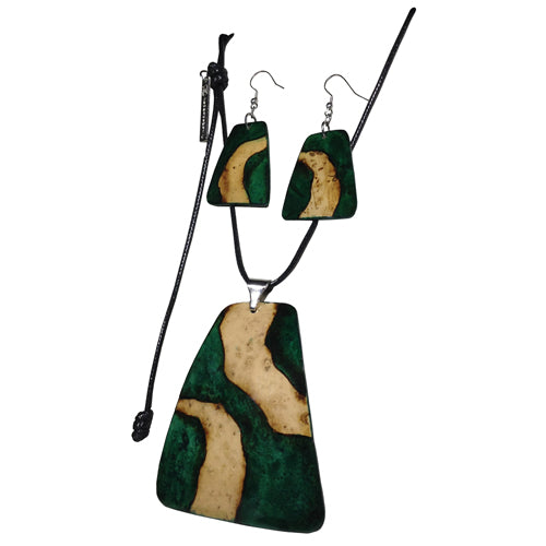 Vibrant Calabash Water Necklace and Earring Set, handmade with intricate designs and sterling silver hooks.